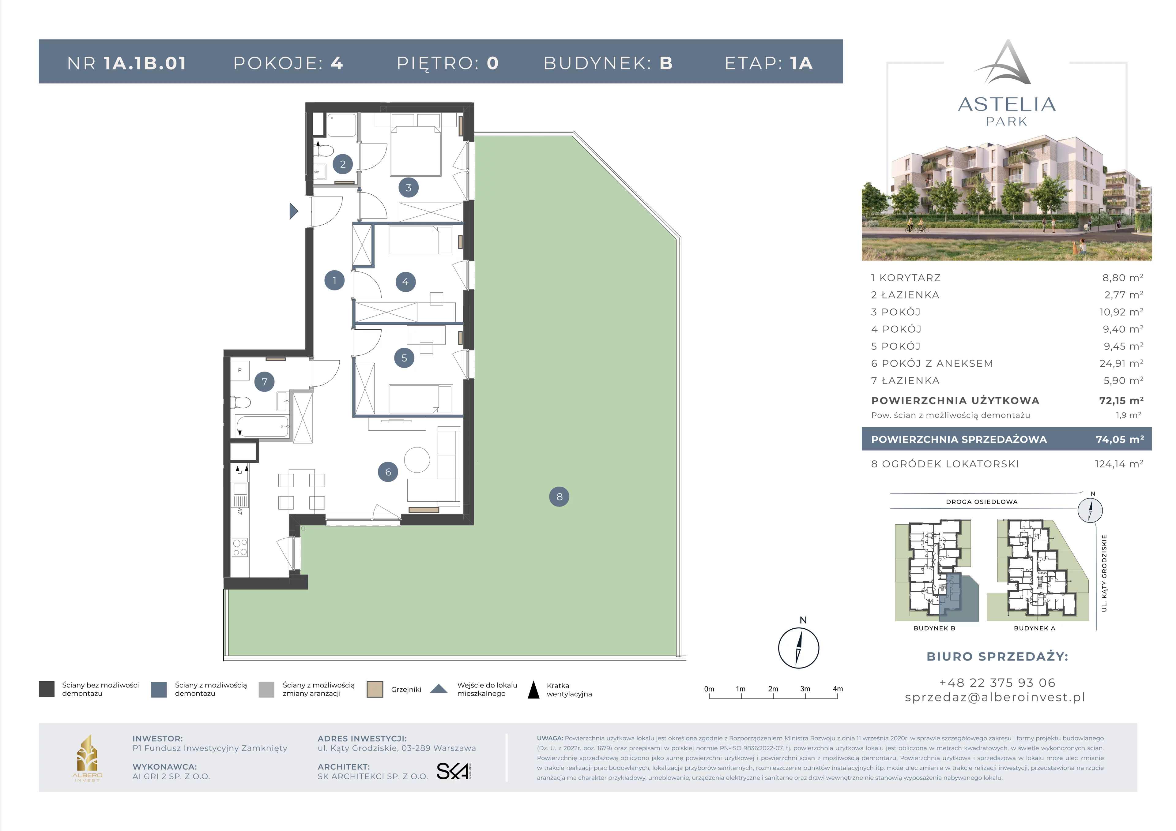 4 pokoje, mieszkanie 72,15 m², parter, oferta nr 1A.1B.01, Astelia Park etap IA, Warszawa, Białołęka, Grodzisk, ul. Leona Berensona 