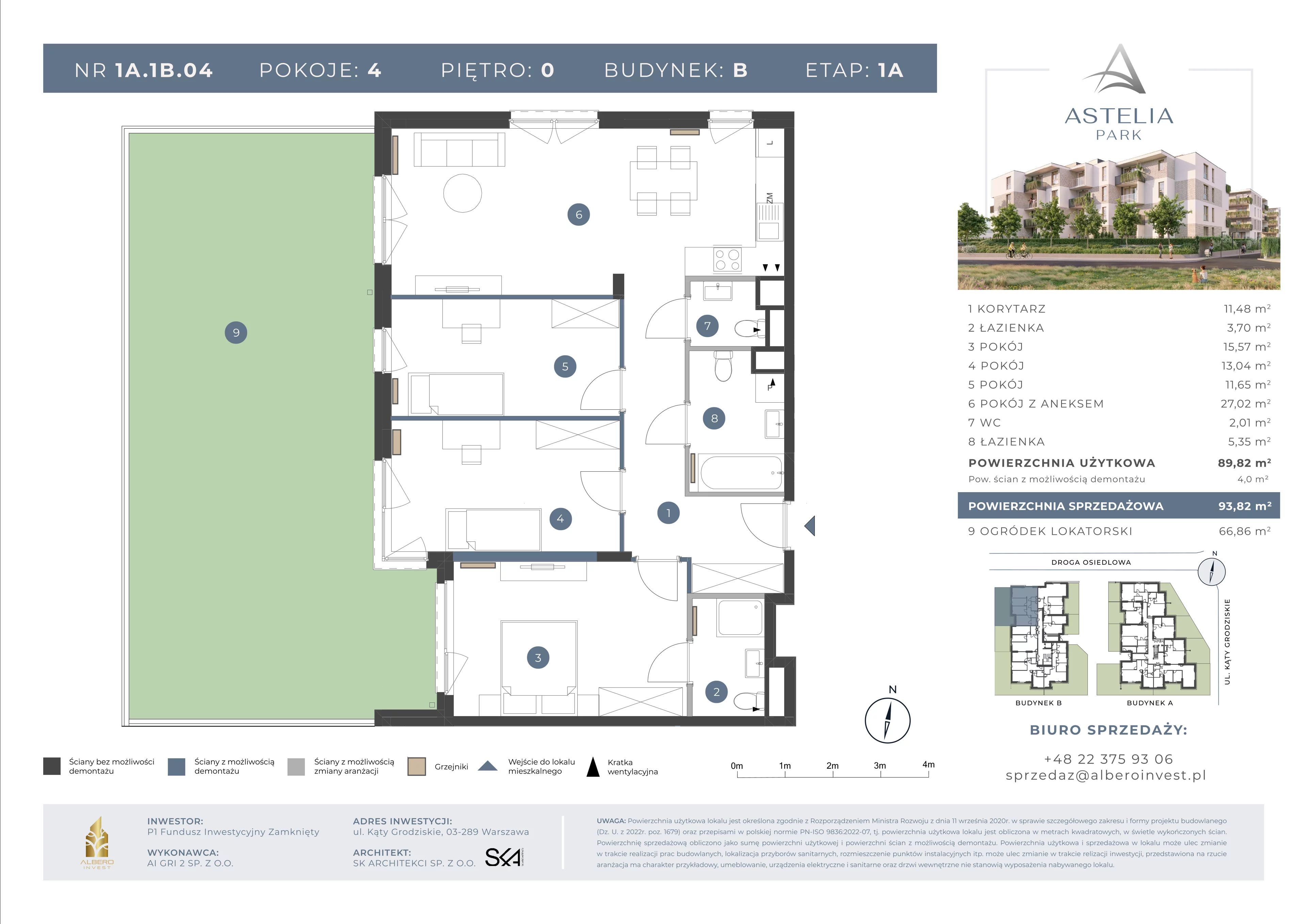 4 pokoje, mieszkanie 89,82 m², parter, oferta nr 1A.1B.04, Astelia Park etap IA, Warszawa, Białołęka, Grodzisk, ul. Leona Berensona 