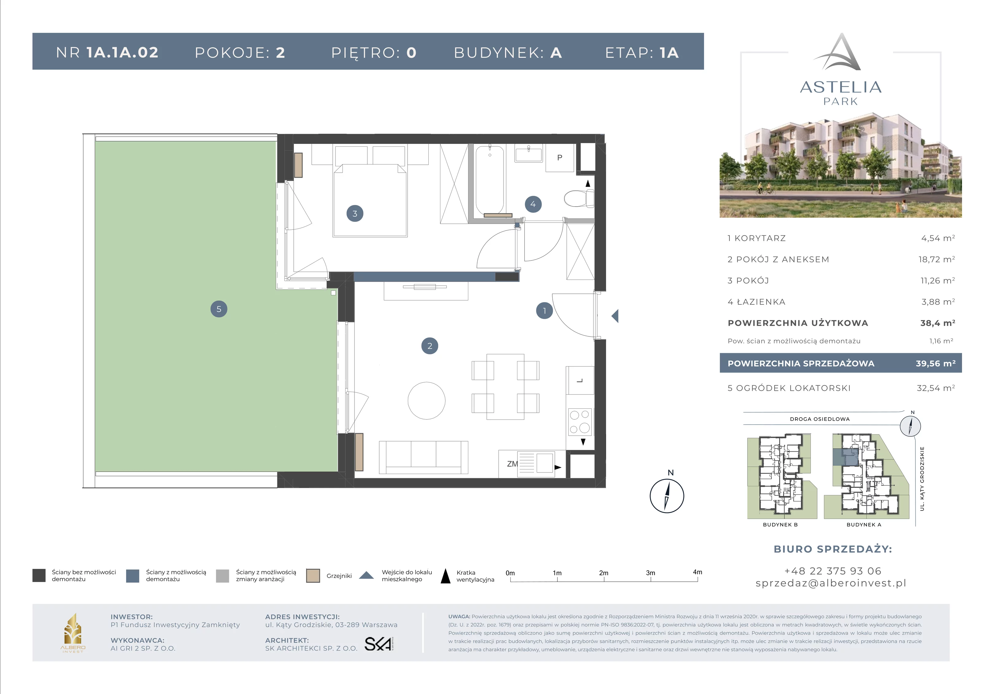 2 pokoje, mieszkanie 38,40 m², parter, oferta nr 1A1A02, Astelia Park etap IA, III, Warszawa, Białołęka, Grodzisk, ul. Leona Berensona