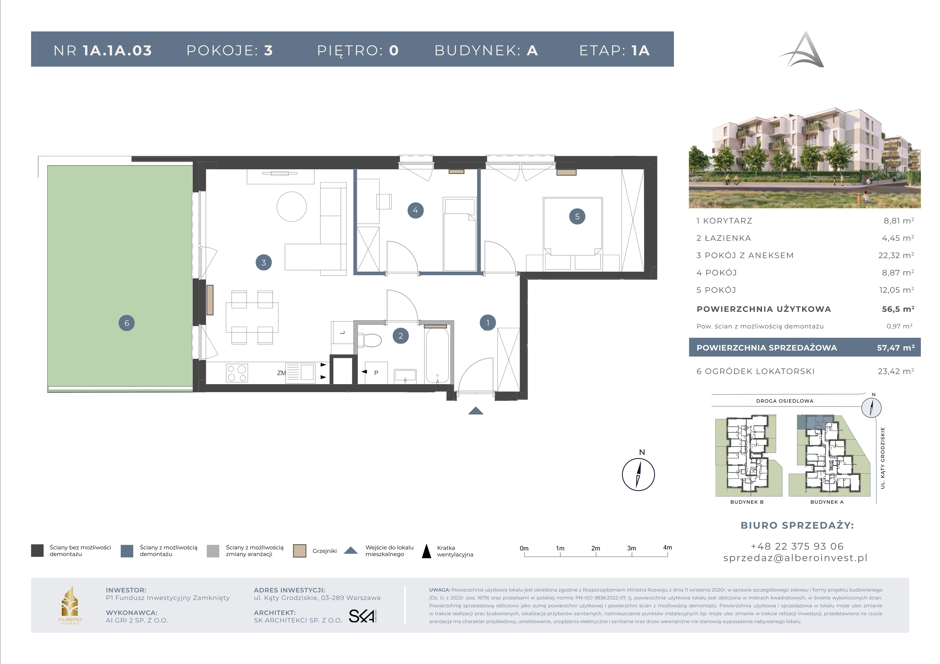3 pokoje, mieszkanie 56,50 m², parter, oferta nr 1A1A03, Astelia Park etap IA, III, Warszawa, Białołęka, Grodzisk, ul. Leona Berensona