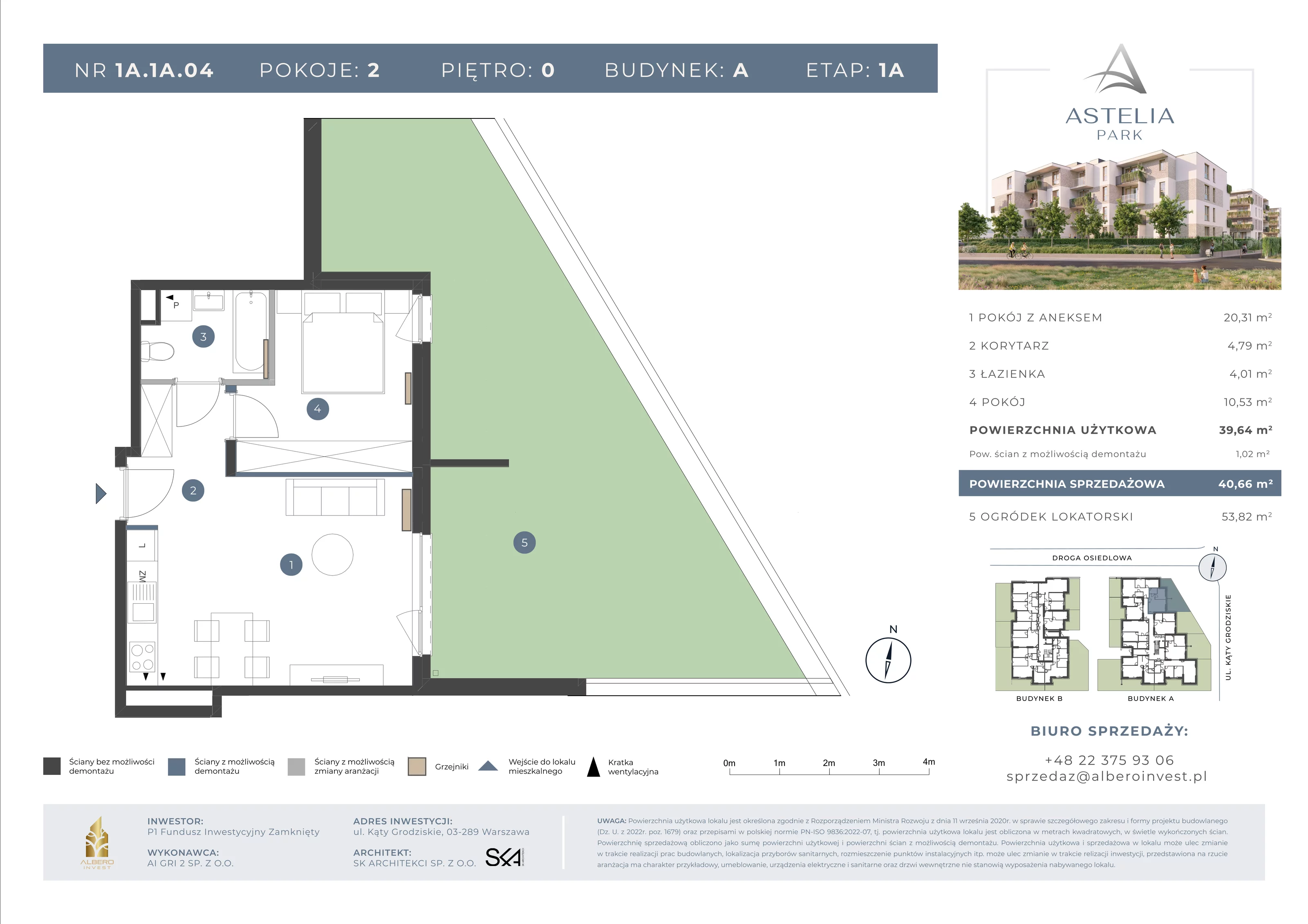 2 pokoje, mieszkanie 39,64 m², parter, oferta nr 1A1A04, Astelia Park etap IA, Warszawa, Białołęka, Grodzisk, ul. Leona Berensona
