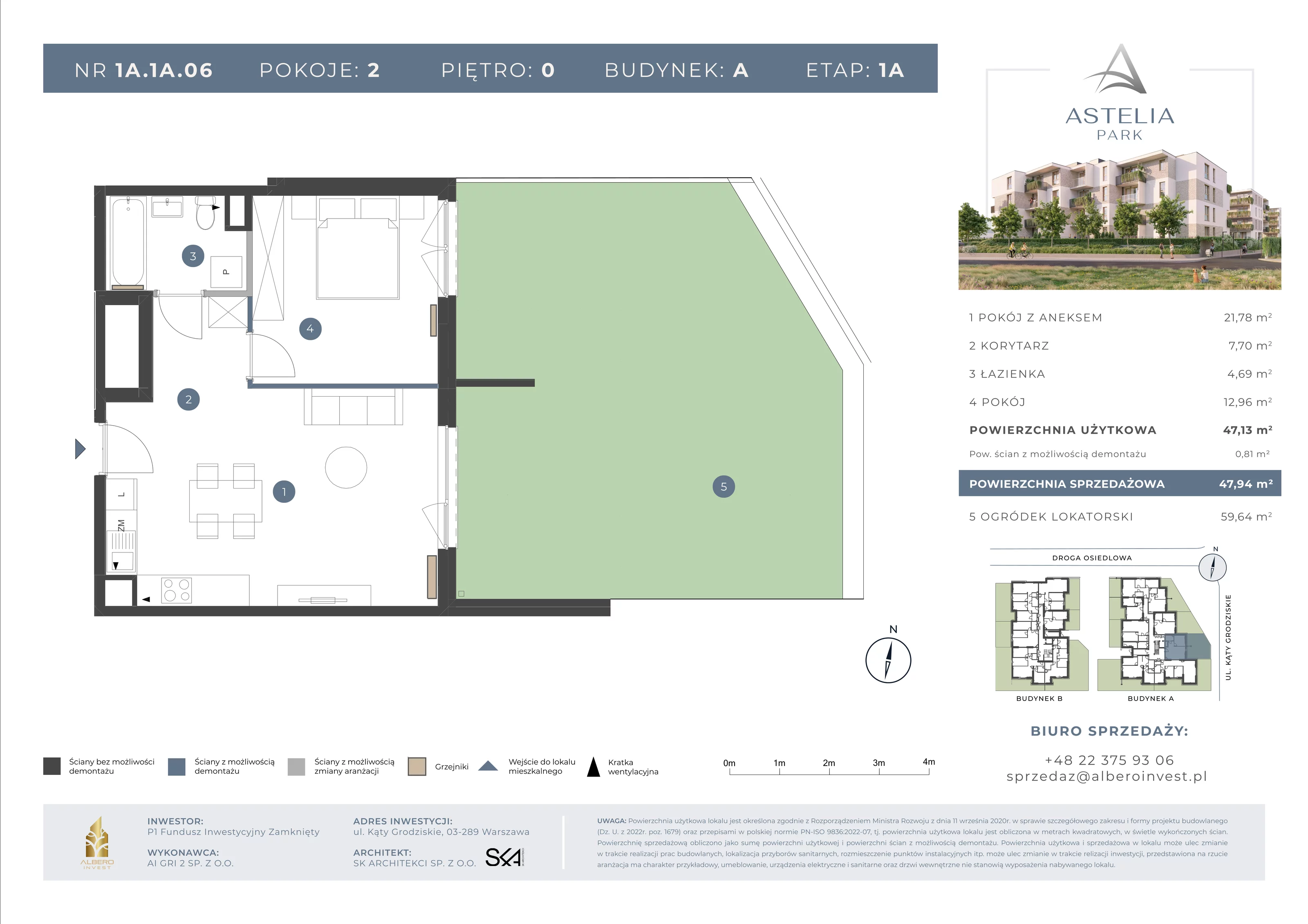 2 pokoje, mieszkanie 47,13 m², parter, oferta nr 1A1A06, Astelia Park etap IA, Warszawa, Białołęka, Grodzisk, ul. Leona Berensona 