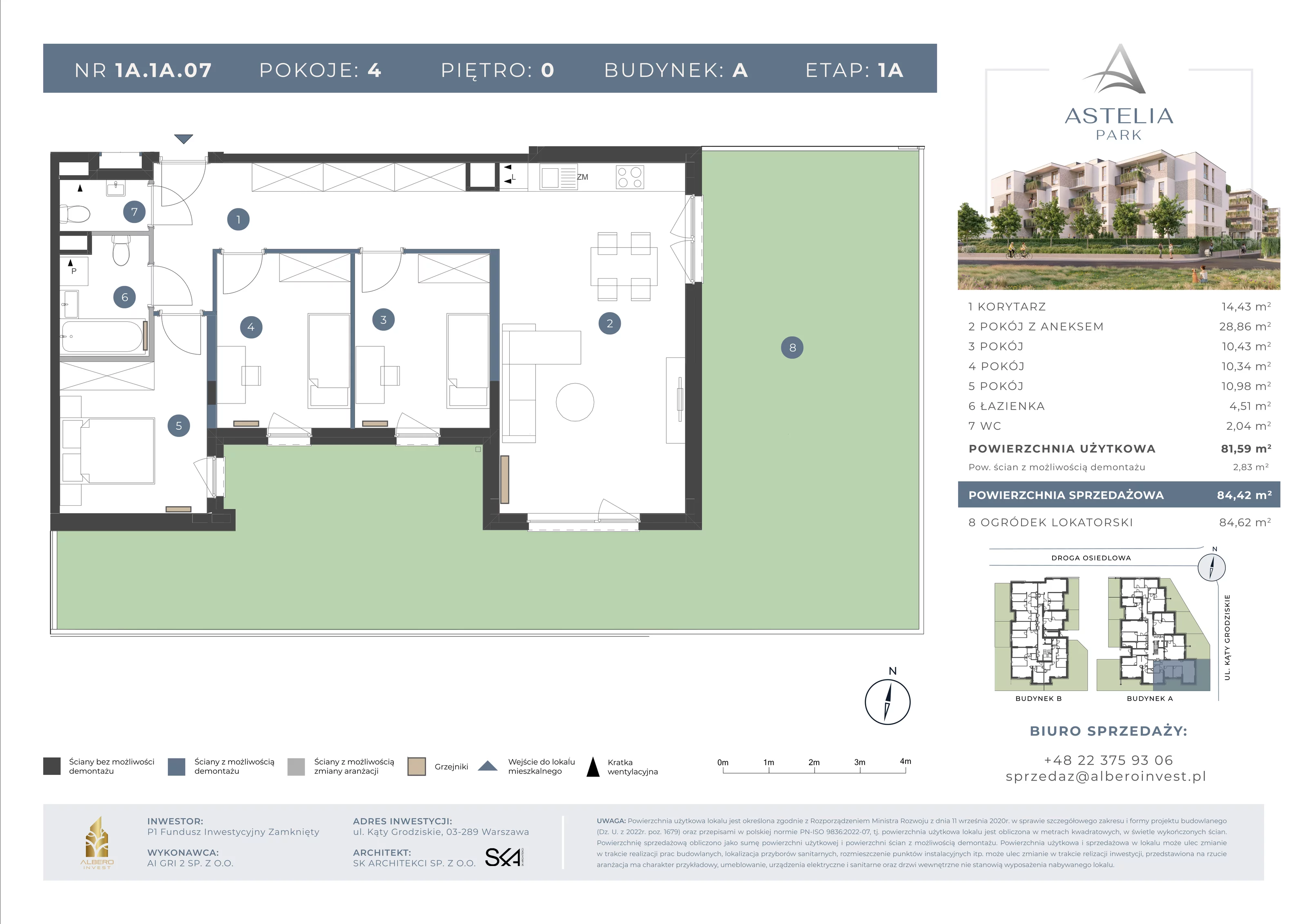 4 pokoje, mieszkanie 81,59 m², parter, oferta nr 1A1A07, Astelia Park etap IA, Warszawa, Białołęka, Grodzisk, ul. Leona Berensona