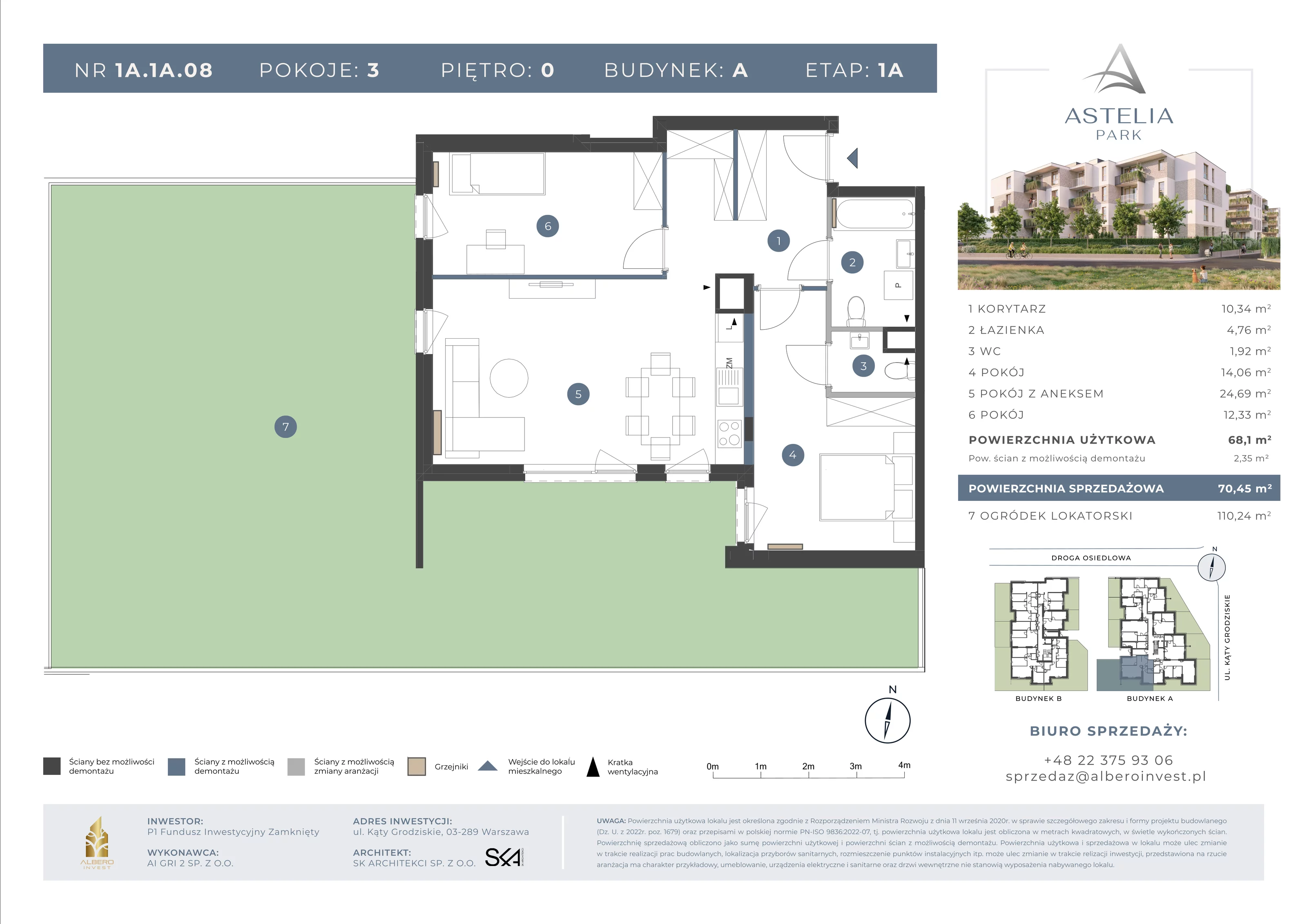 3 pokoje, mieszkanie 68,10 m², parter, oferta nr 1A1A08, Astelia Park etap IA, Warszawa, Białołęka, Grodzisk, ul. Leona Berensona 