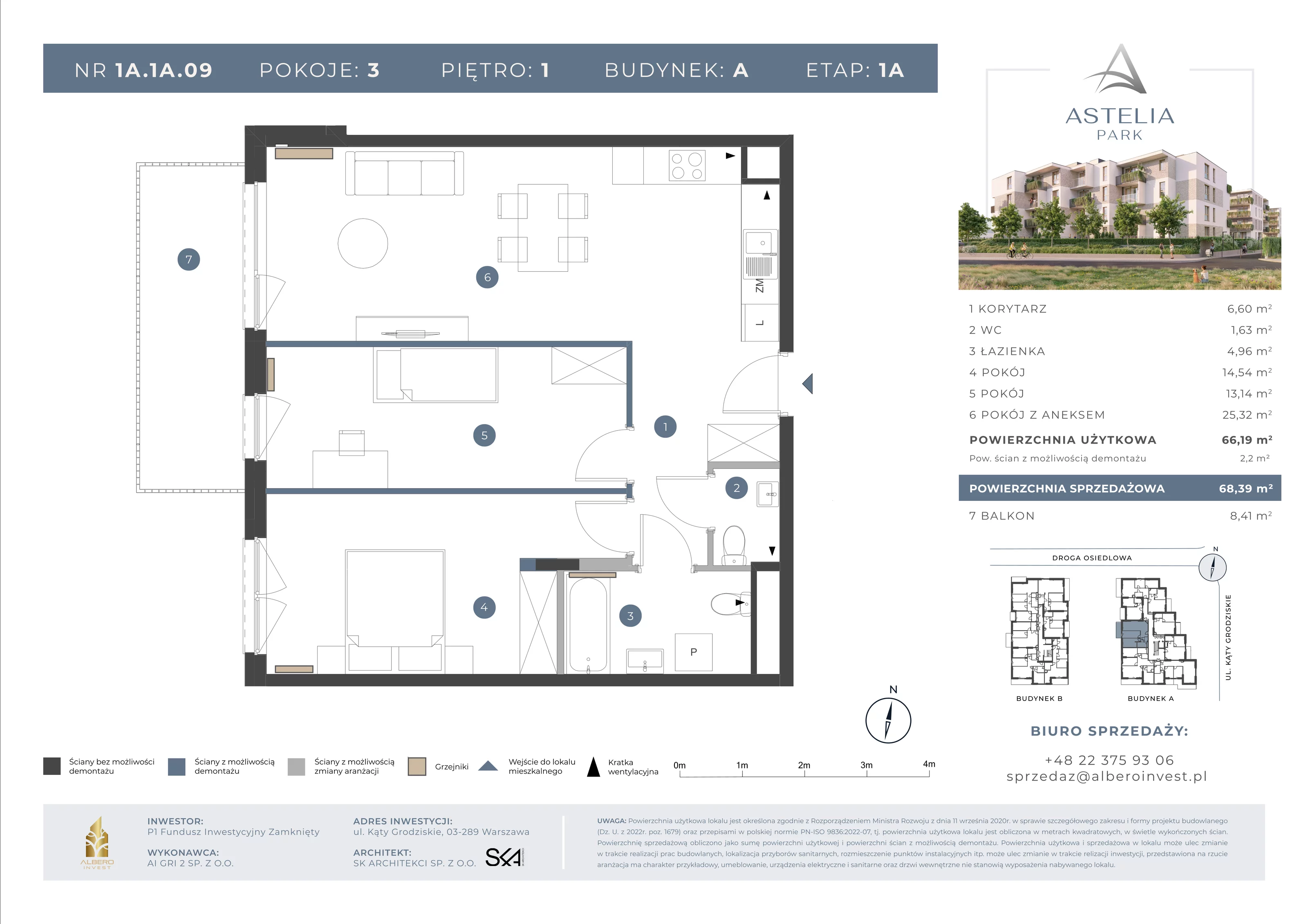 3 pokoje, mieszkanie 66,19 m², piętro 1, oferta nr 1A1A09, Astelia Park etap IA, III, Warszawa, Białołęka, Grodzisk, ul. Leona Berensona 