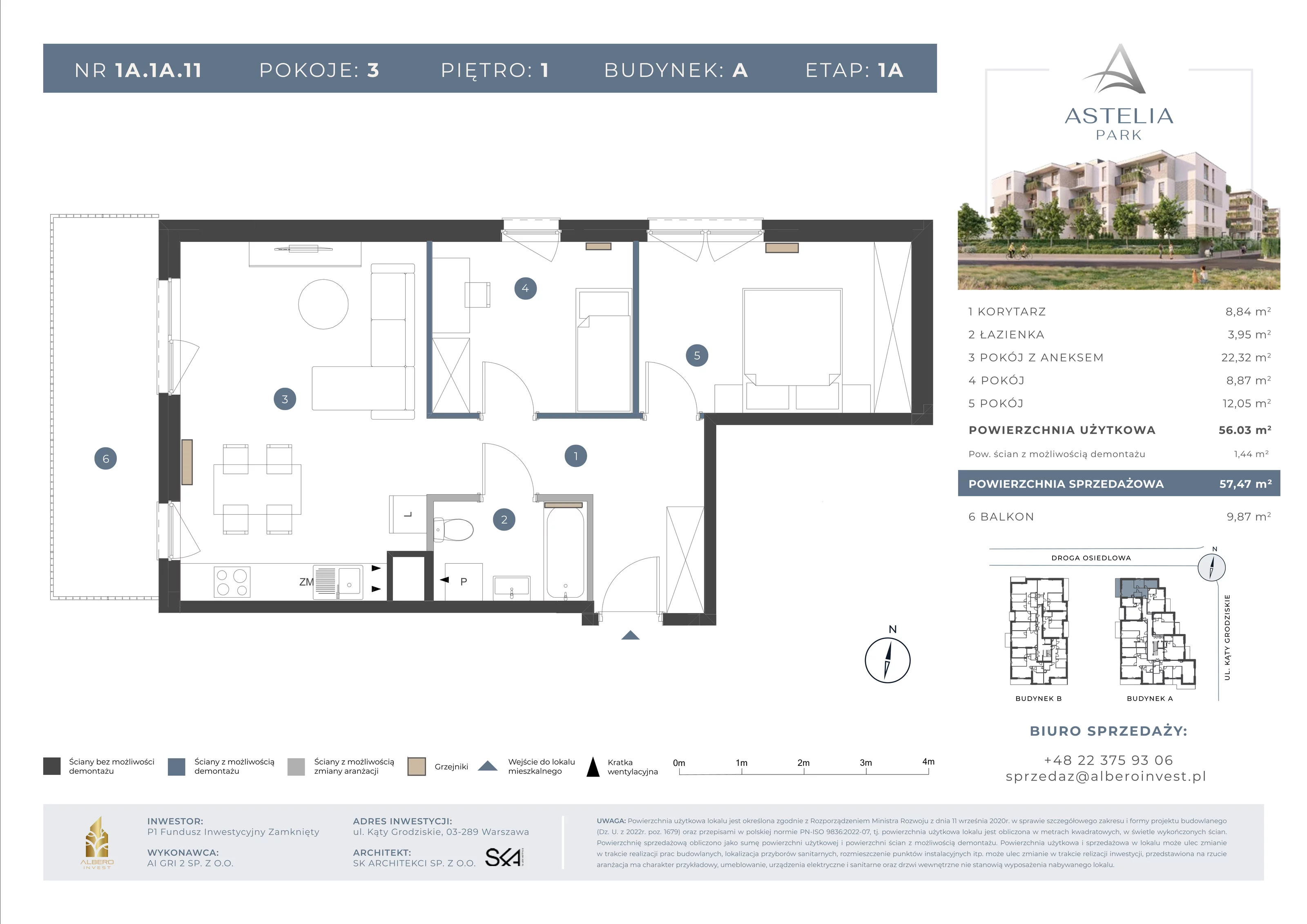 3 pokoje, mieszkanie 56,03 m², piętro 1, oferta nr 1A1A11, Astelia Park etap IA, III, Warszawa, Białołęka, Grodzisk, ul. Leona Berensona 