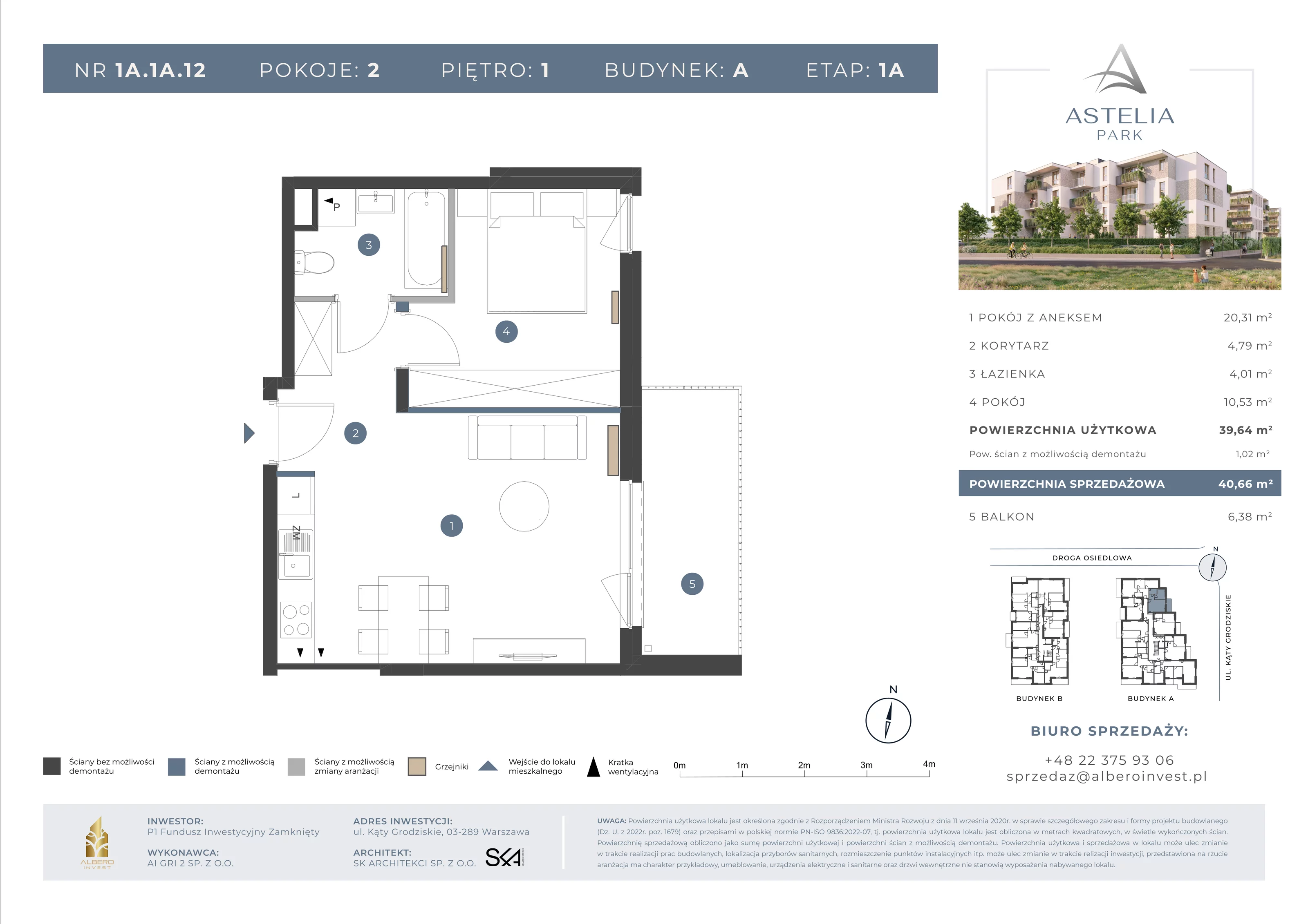 2 pokoje, mieszkanie 39,64 m², piętro 1, oferta nr 1A1A12, Astelia Park etap IA, Warszawa, Białołęka, Grodzisk, ul. Leona Berensona