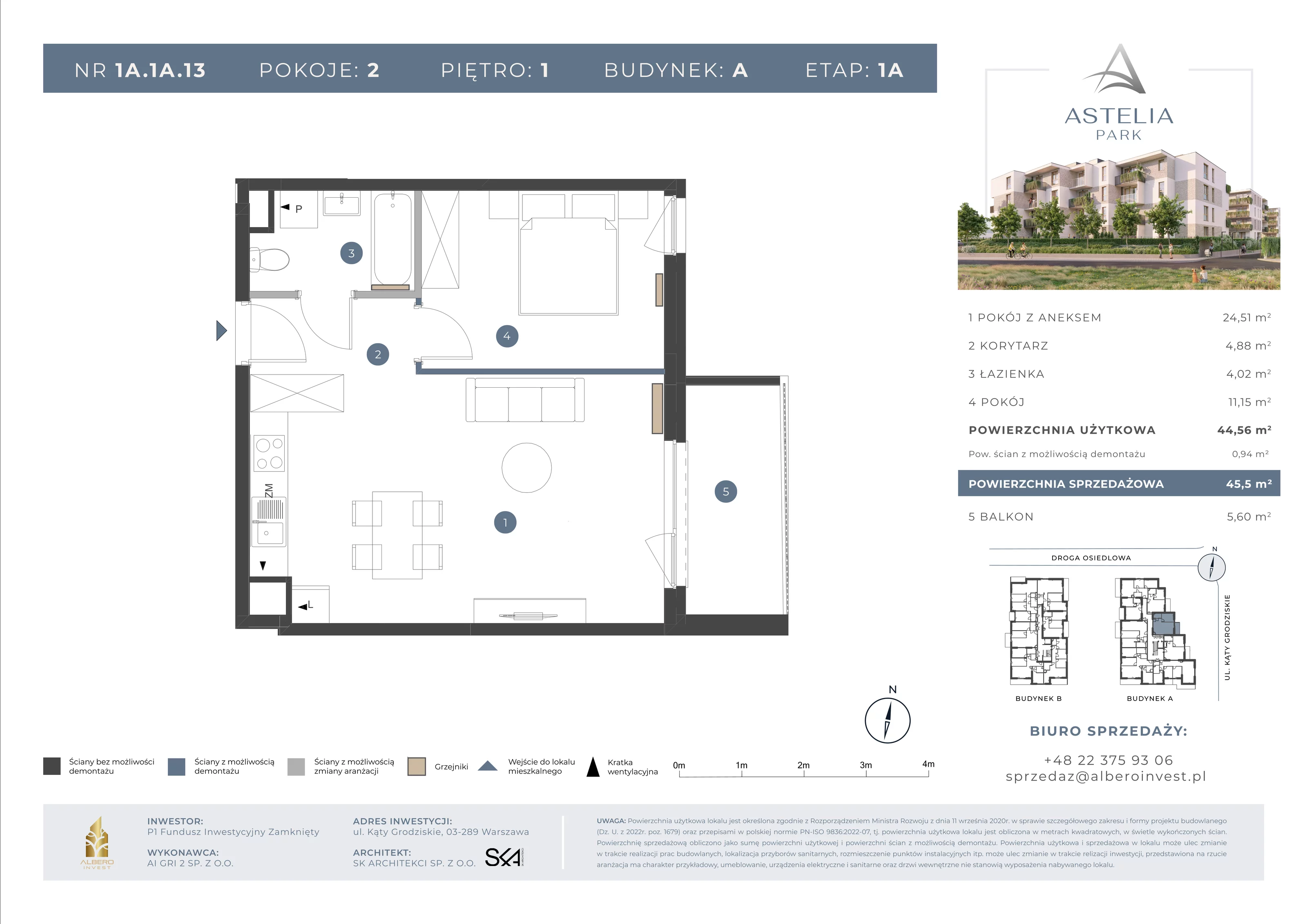 2 pokoje, mieszkanie 44,56 m², piętro 1, oferta nr 1A1A13, Astelia Park etap IA, III, Warszawa, Białołęka, Grodzisk, ul. Leona Berensona 