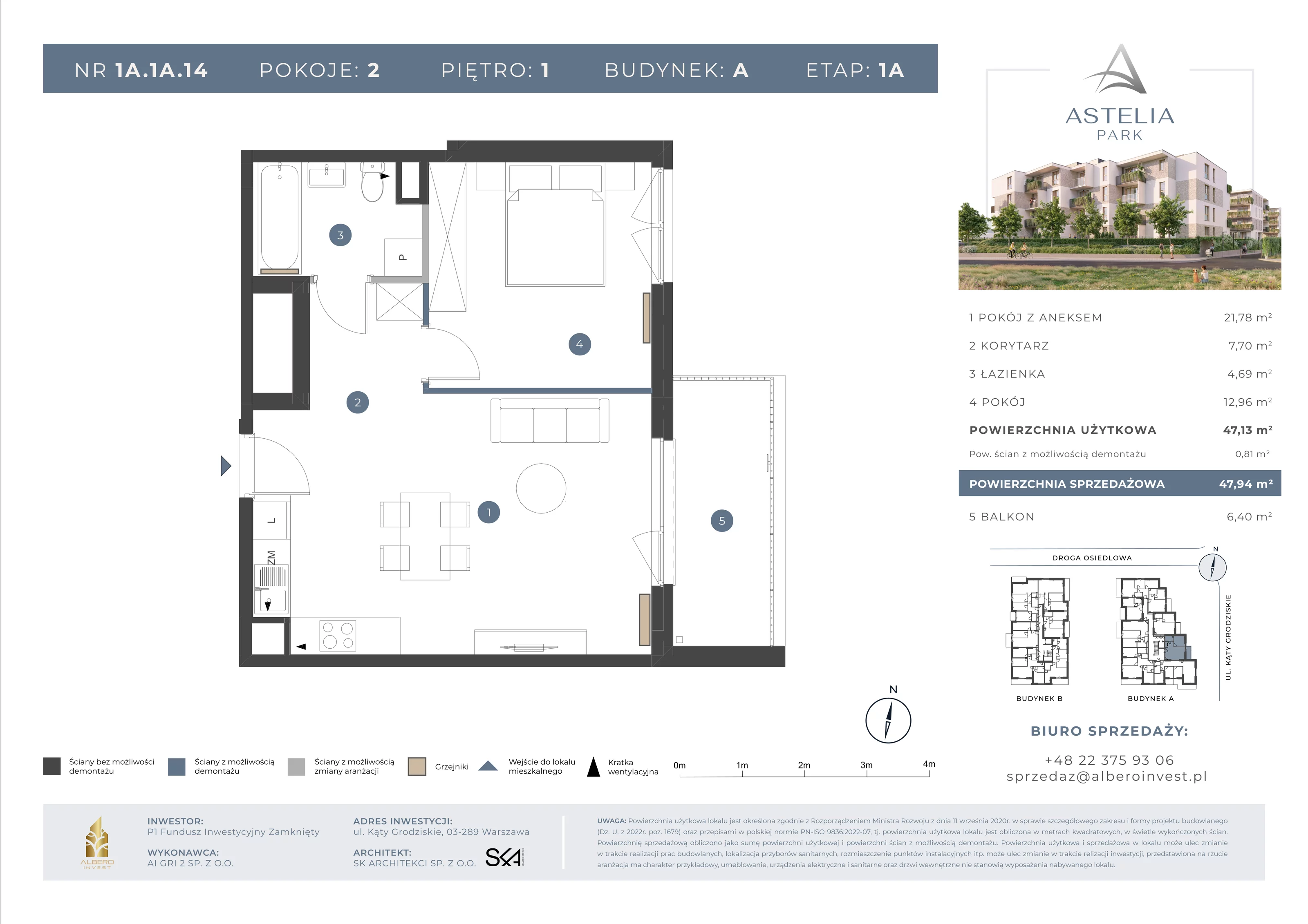 2 pokoje, mieszkanie 47,13 m², piętro 1, oferta nr 1A1A14, Astelia Park etap IA, III, Warszawa, Białołęka, Grodzisk, ul. Leona Berensona 