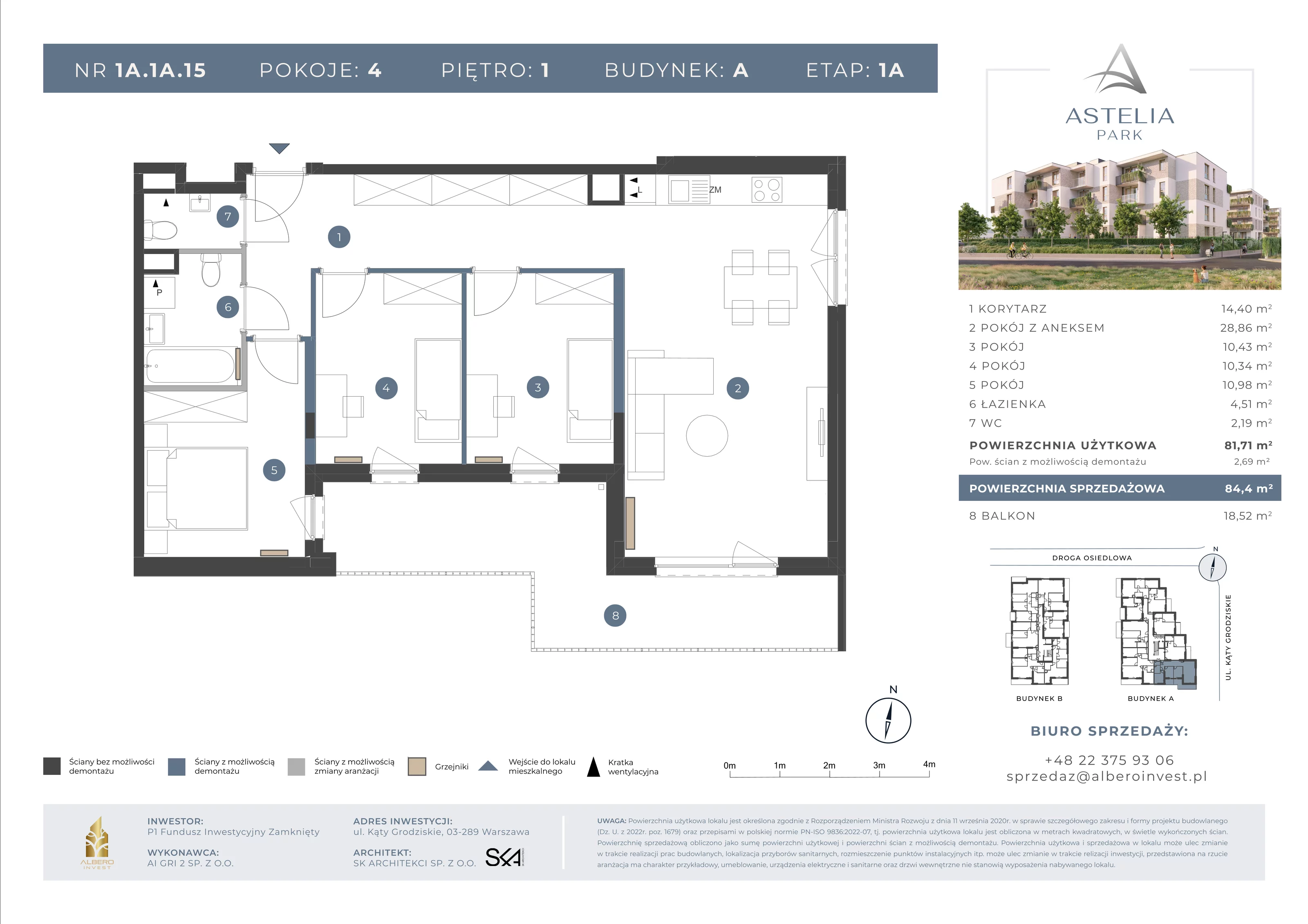 4 pokoje, mieszkanie 81,71 m², piętro 1, oferta nr 1A1A15, Astelia Park etap IA, Warszawa, Białołęka, Grodzisk, ul. Leona Berensona 