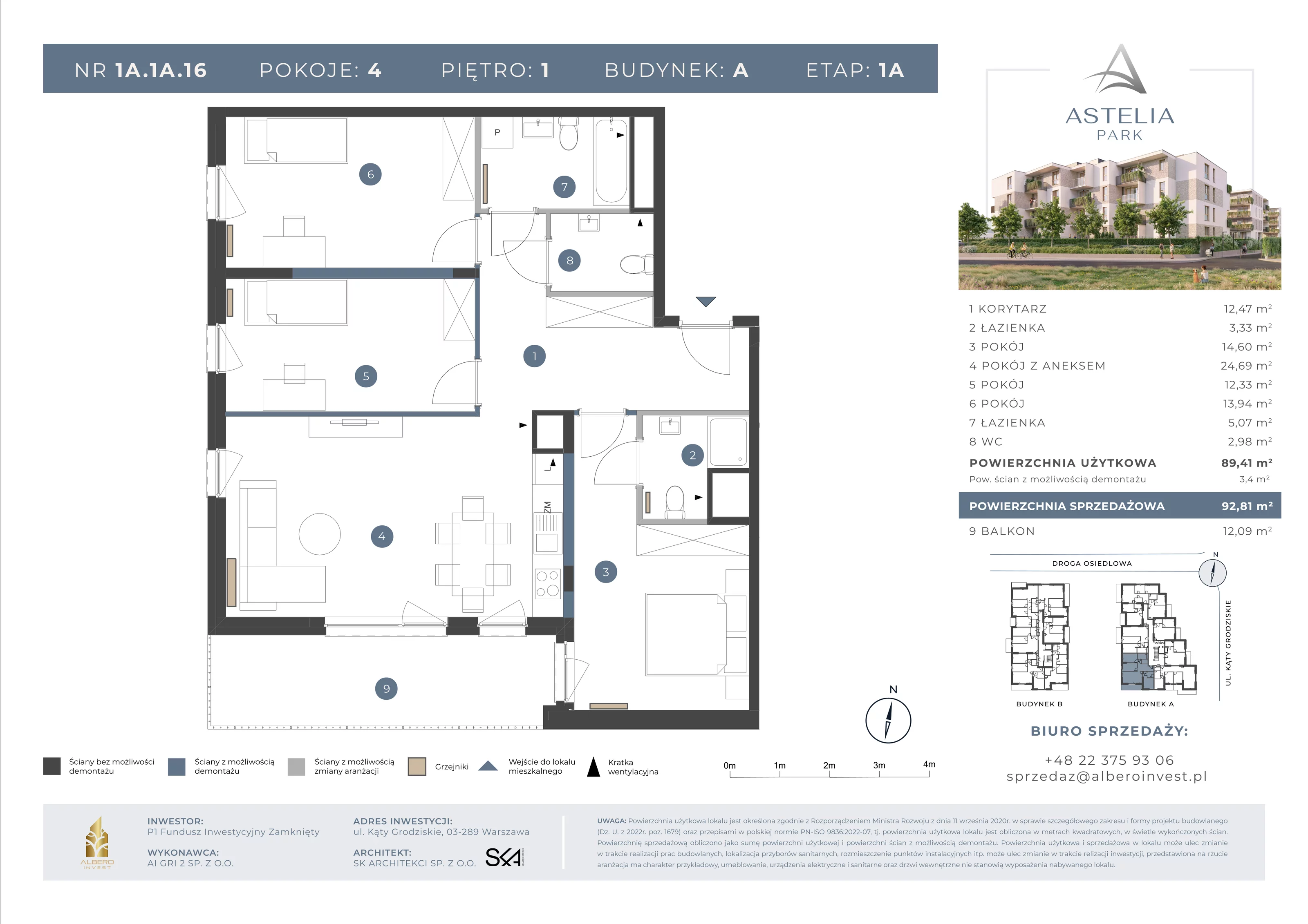 4 pokoje, mieszkanie 92,81 m², piętro 1, oferta nr 1A1A16, Astelia Park etap IA, Warszawa, Białołęka, Grodzisk, ul. Leona Berensona 