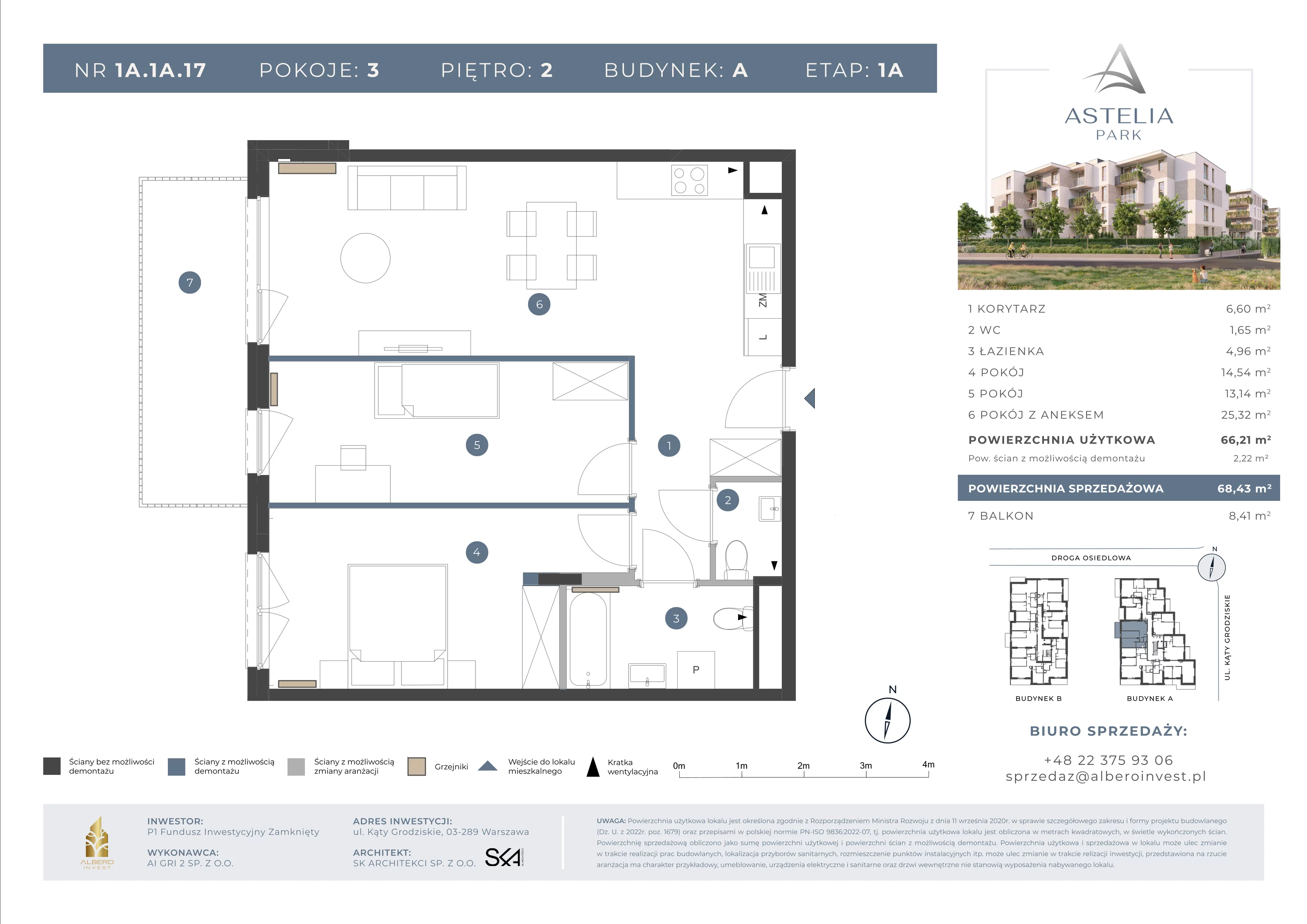 3 pokoje, mieszkanie 66,21 m², piętro 2, oferta nr 1A1A17, Astelia Park etap IA, III, Warszawa, Białołęka, Grodzisk, ul. Leona Berensona 