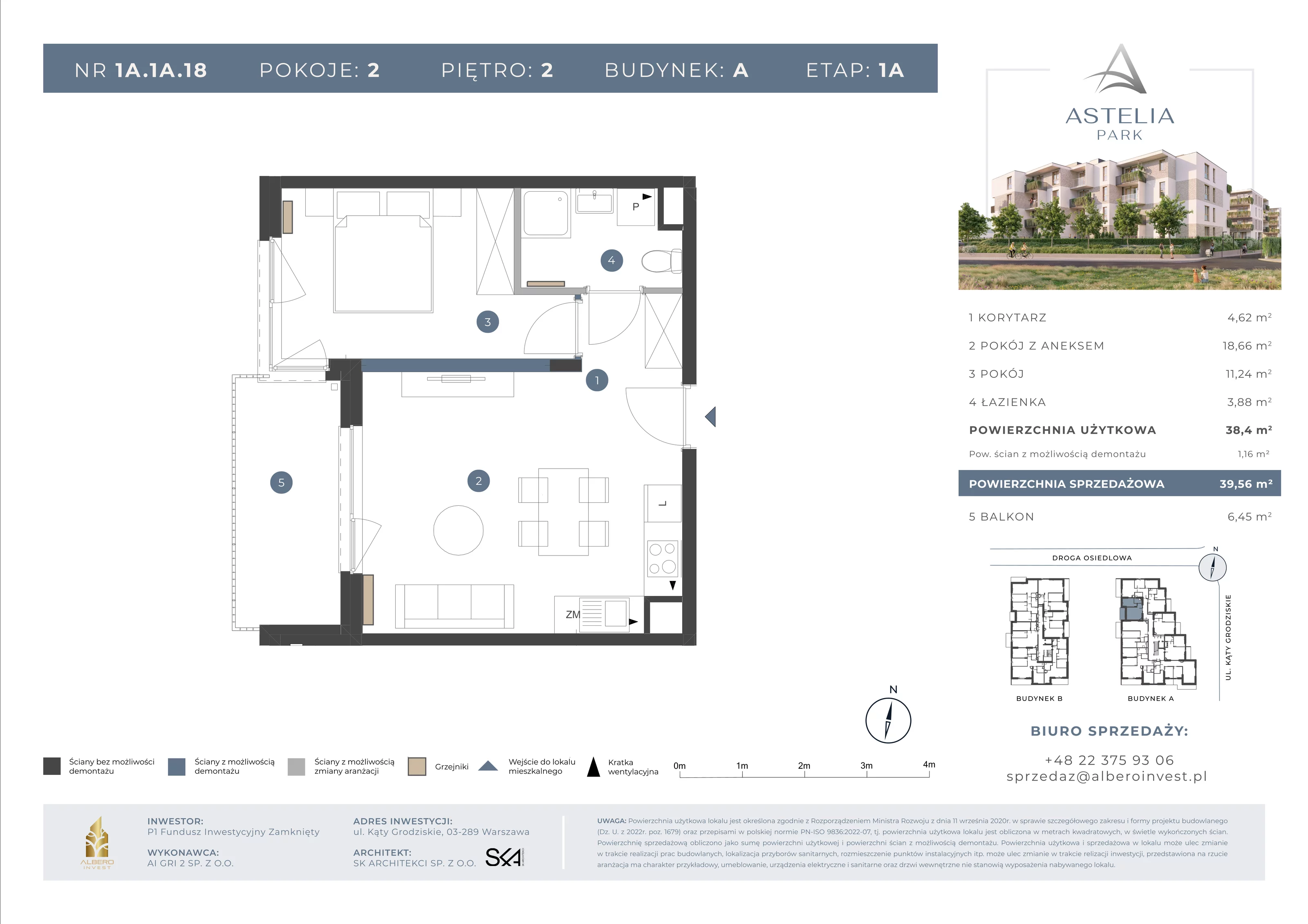 2 pokoje, mieszkanie 38,40 m², piętro 2, oferta nr 1A1A18, Astelia Park etap IA, Warszawa, Białołęka, Grodzisk, ul. Leona Berensona