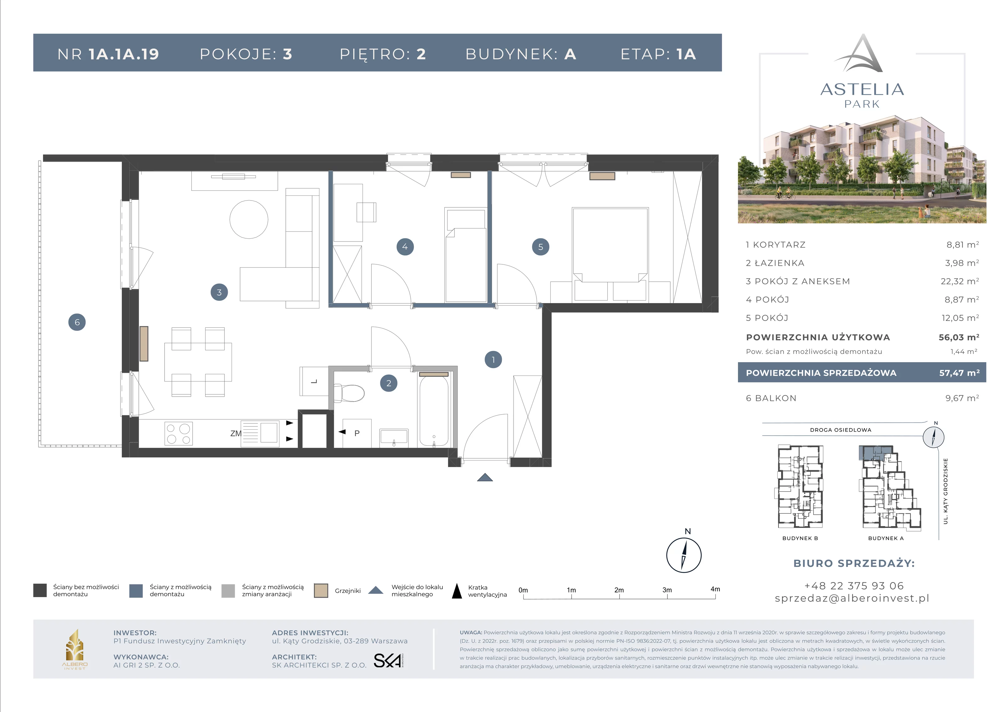 3 pokoje, mieszkanie 56,03 m², piętro 2, oferta nr 1A1A19, Astelia Park etap IA, Warszawa, Białołęka, Grodzisk, ul. Leona Berensona