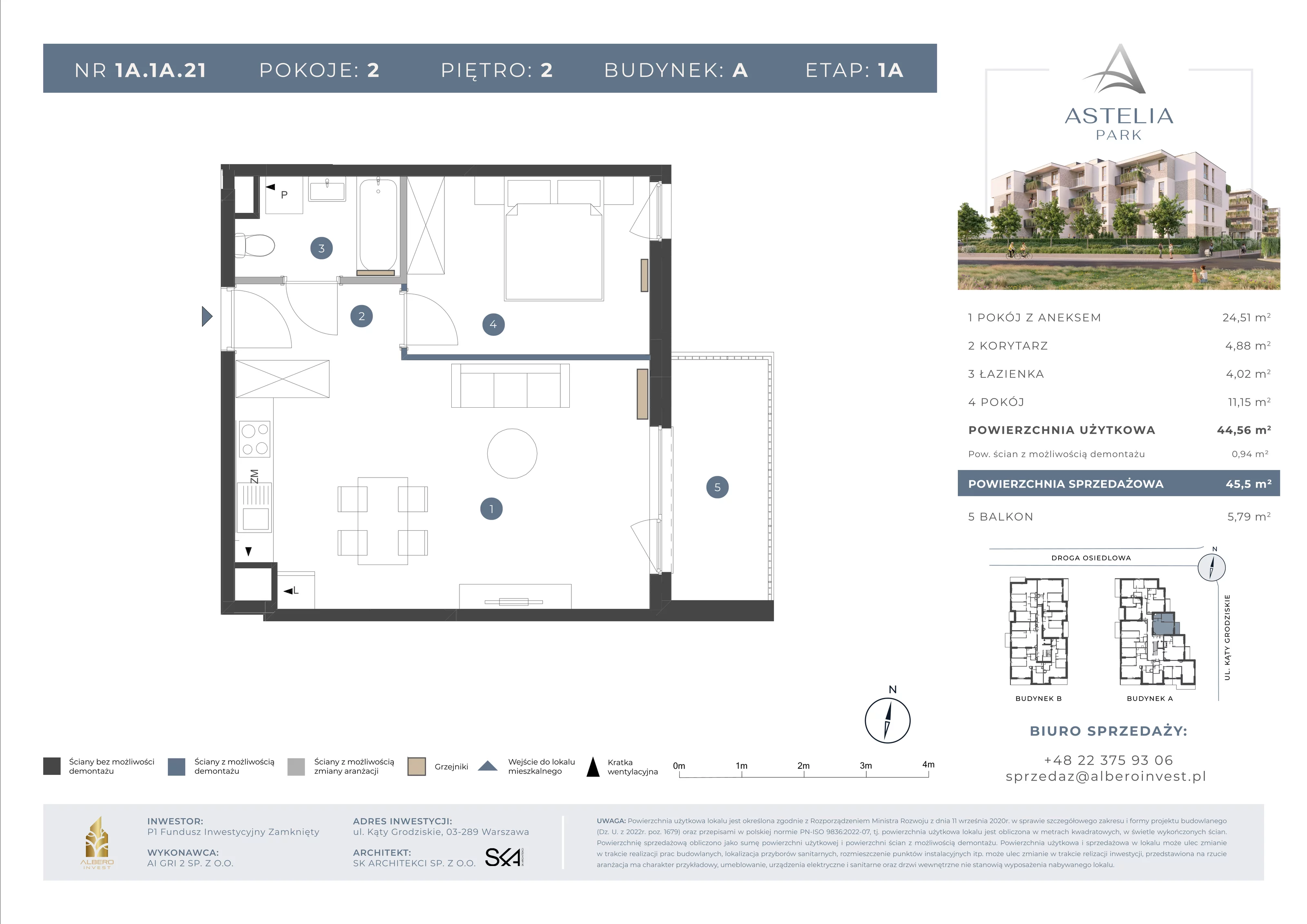 2 pokoje, mieszkanie 44,56 m², piętro 2, oferta nr 1A1A21, Astelia Park etap IA, Warszawa, Białołęka, Grodzisk, ul. Leona Berensona 