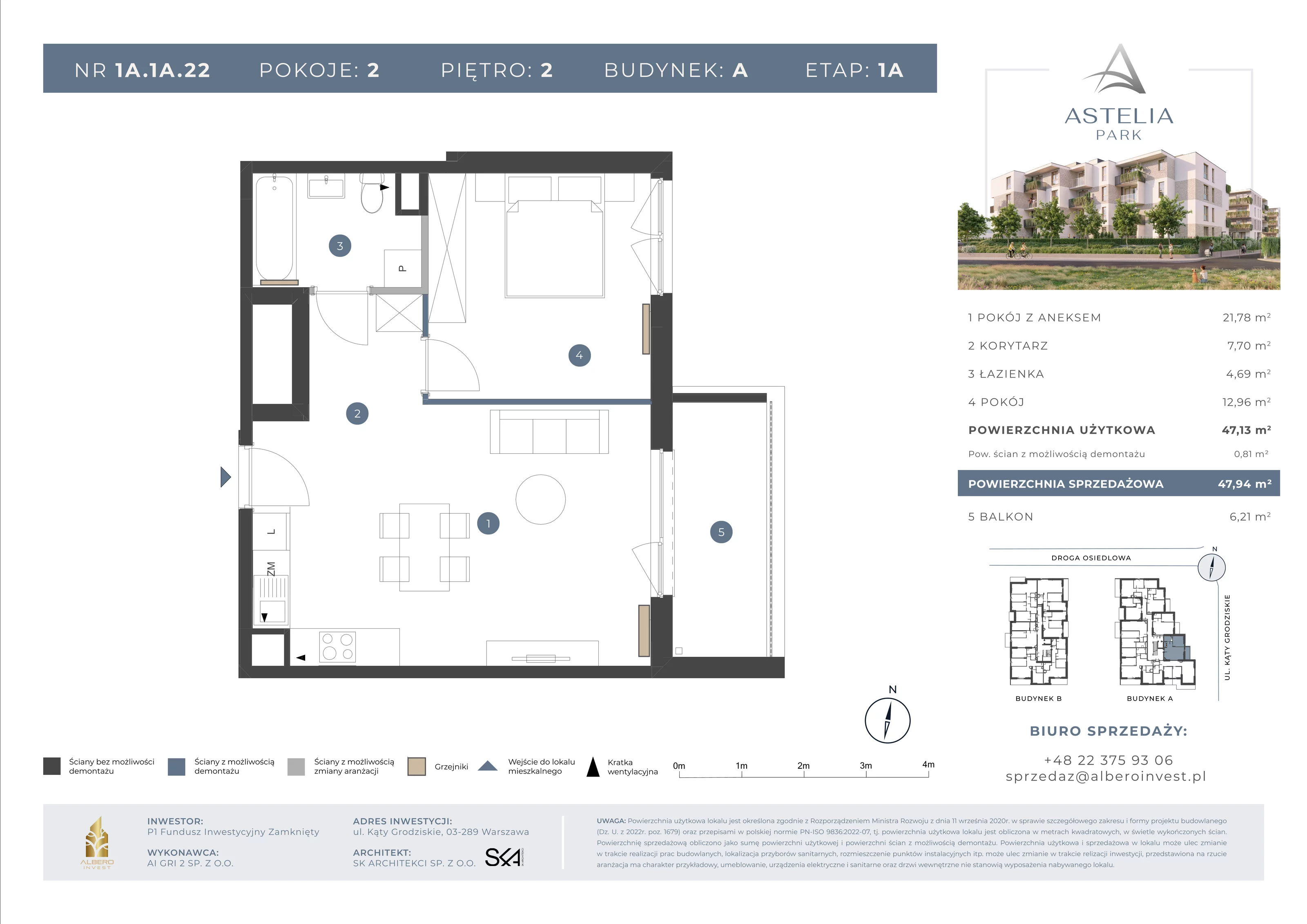2 pokoje, mieszkanie 47,13 m², piętro 2, oferta nr 1A1A22, Astelia Park etap IA, Warszawa, Białołęka, Grodzisk, ul. Leona Berensona
