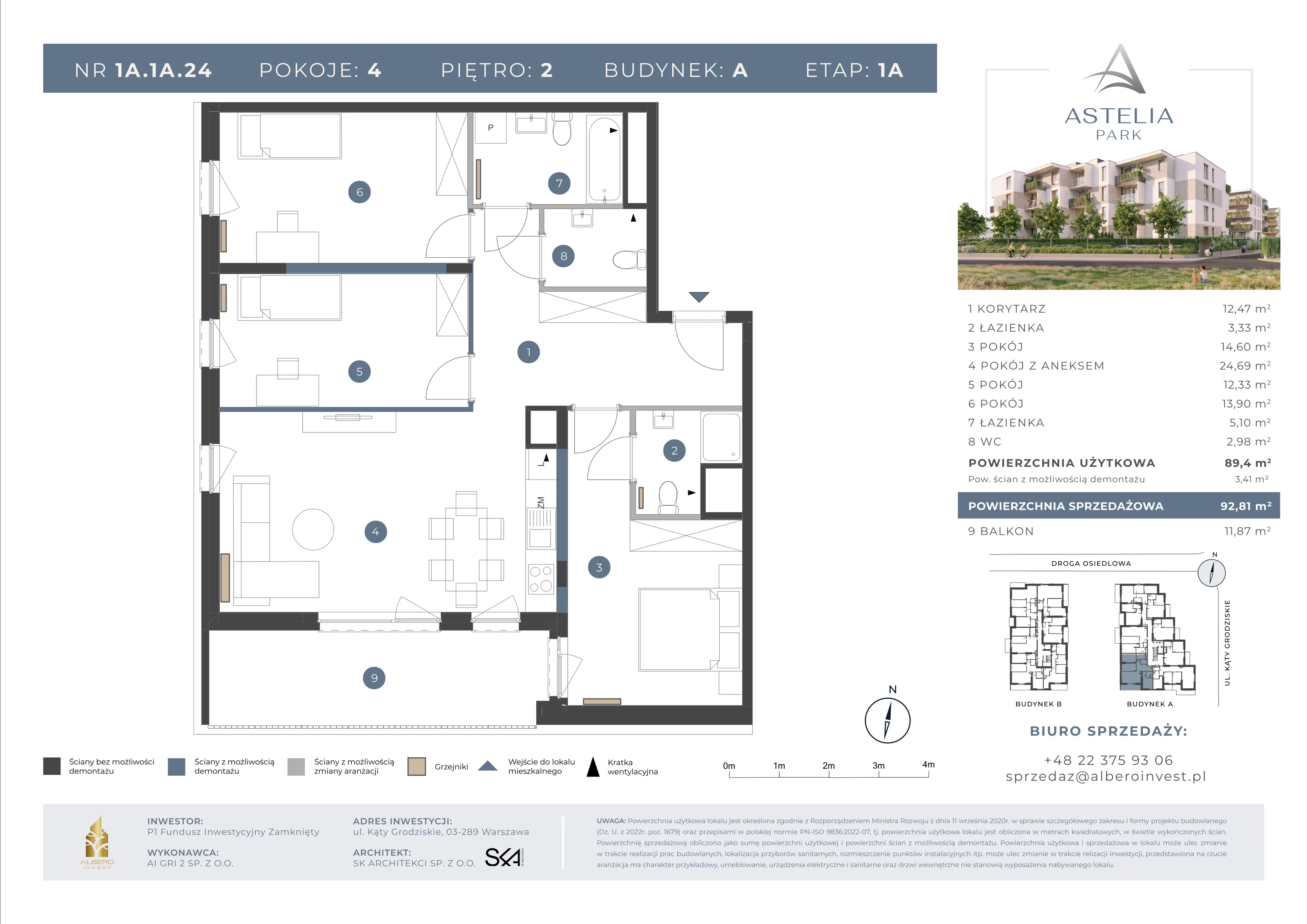 4 pokoje, mieszkanie 89,40 m², piętro 2, oferta nr 1A1A24, Astelia Park etap IA, Warszawa, Białołęka, Grodzisk, ul. Leona Berensona