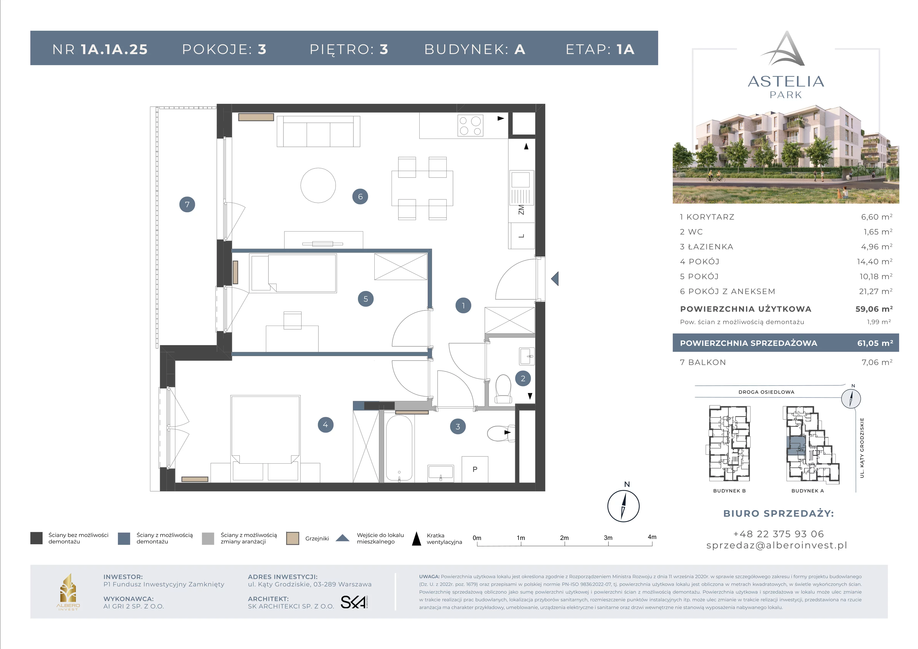 3 pokoje, mieszkanie 59,06 m², piętro 3, oferta nr 1A1A25, Astelia Park etap IA, III, Warszawa, Białołęka, Grodzisk, ul. Leona Berensona 