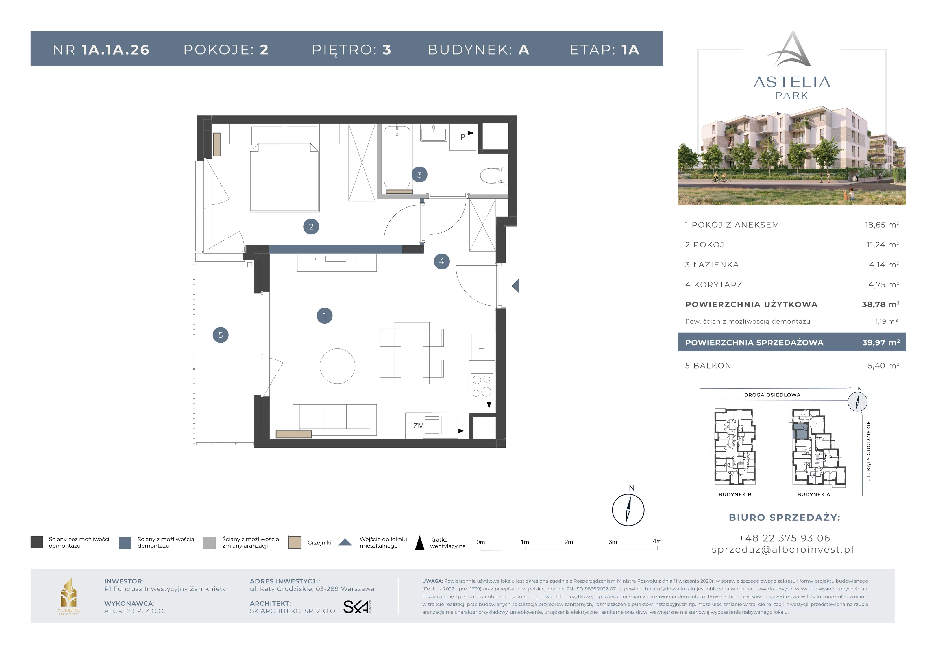 2 pokoje, mieszkanie 38,78 m², piętro 3, oferta nr 1A1A26, Astelia Park etap IA, Warszawa, Białołęka, Grodzisk, ul. Leona Berensona 