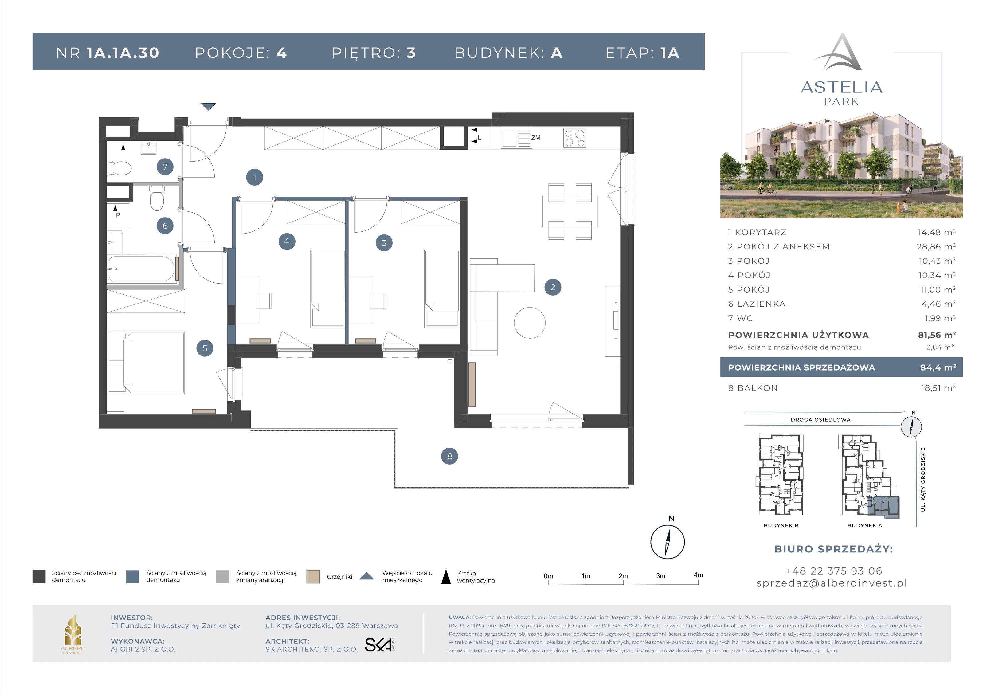 4 pokoje, mieszkanie 81,56 m², piętro 3, oferta nr 1A1A30, Astelia Park etap IA, Warszawa, Białołęka, Grodzisk, ul. Leona Berensona 