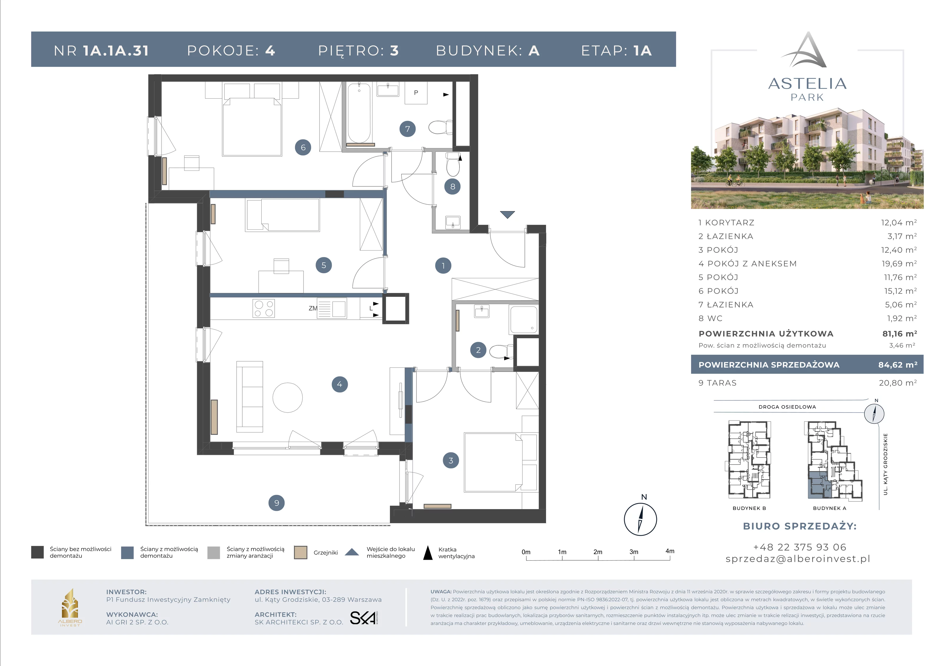 4 pokoje, mieszkanie 81,16 m², piętro 3, oferta nr 1A1A31, Astelia Park etap IA, Warszawa, Białołęka, Grodzisk, ul. Leona Berensona 