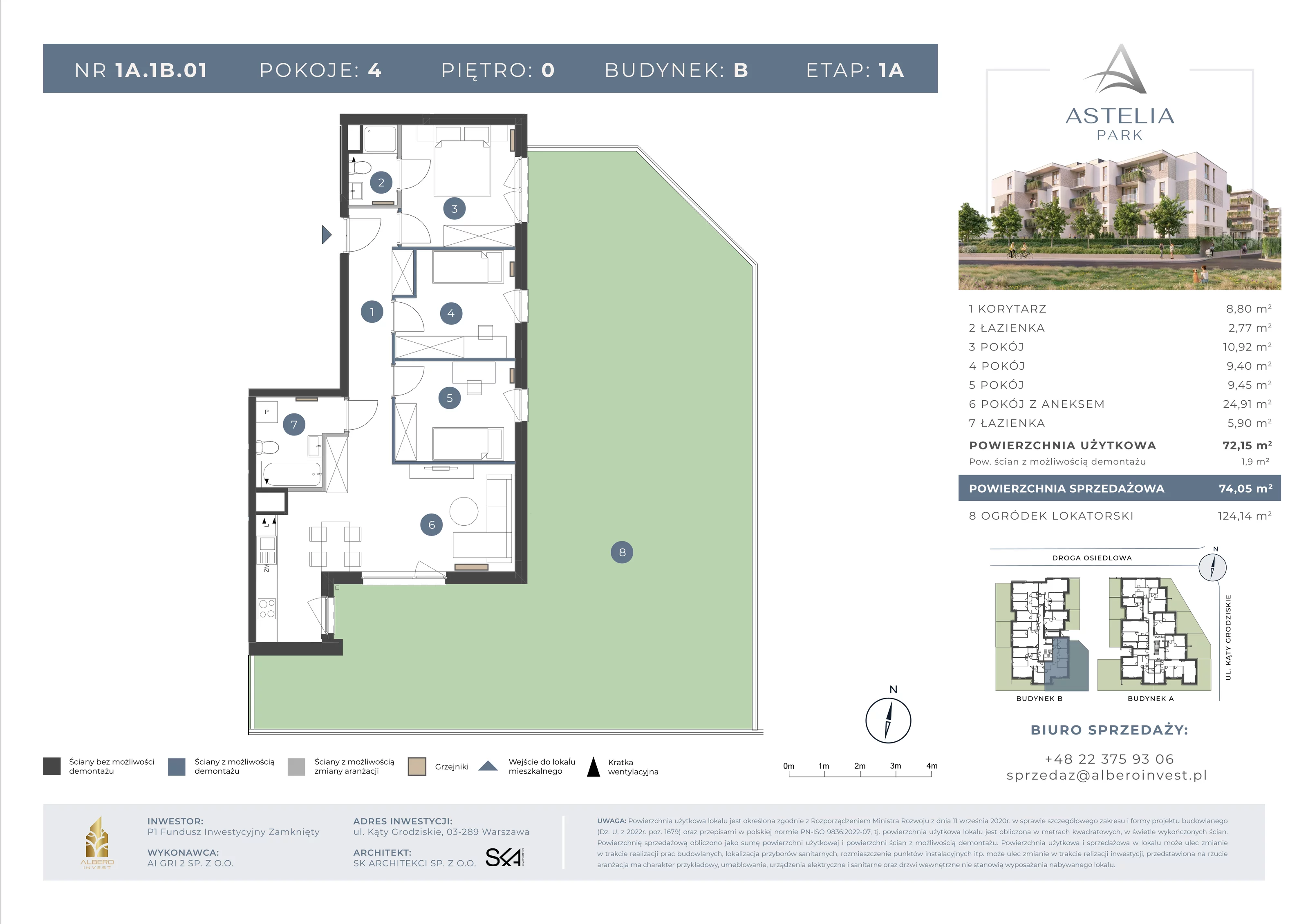 4 pokoje, mieszkanie 72,15 m², parter, oferta nr 1A1B01, Astelia Park etap IA, Warszawa, Białołęka, Grodzisk, ul. Leona Berensona 