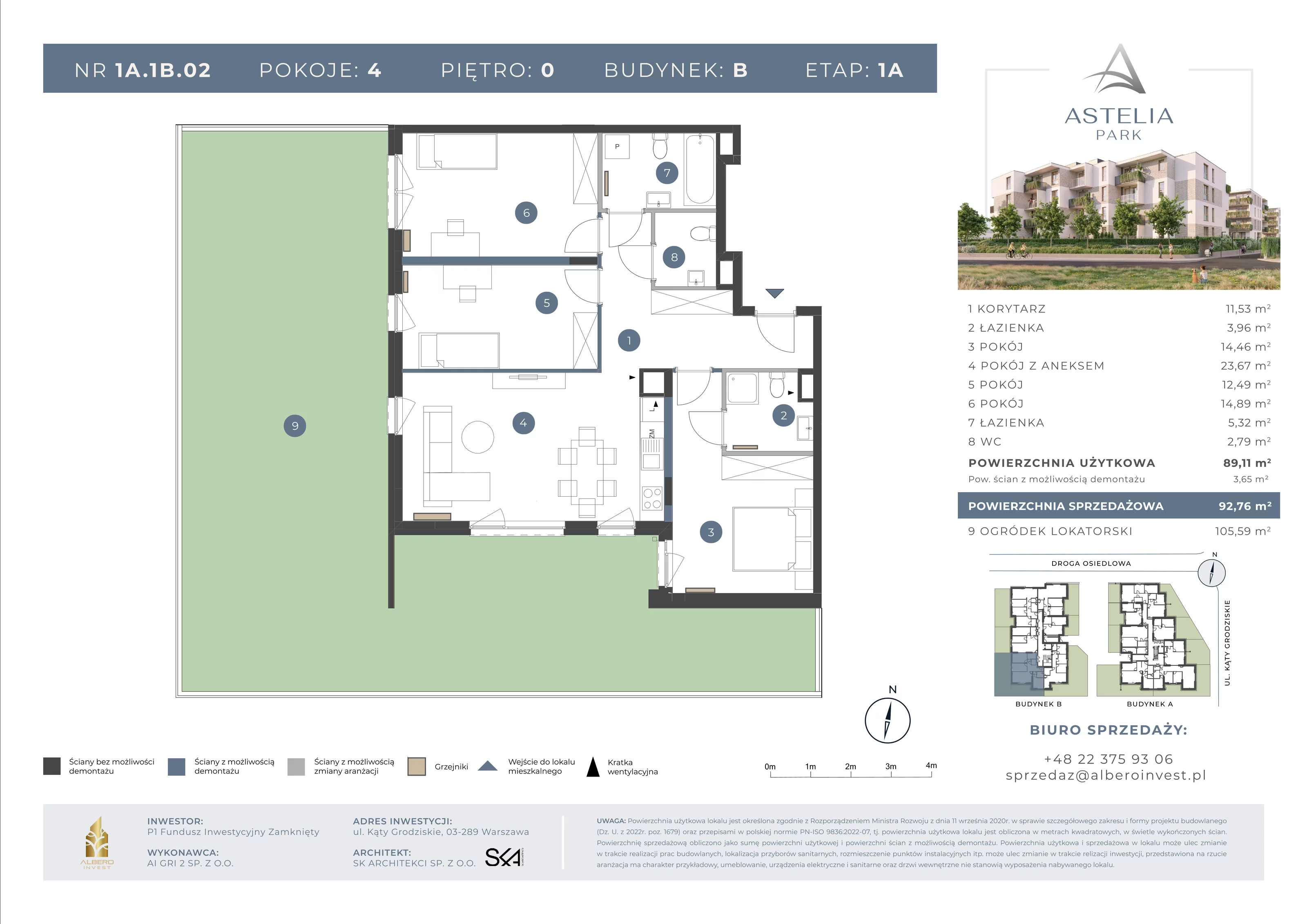 4 pokoje, mieszkanie 89,11 m², parter, oferta nr 1A1B02, Astelia Park etap IA, Warszawa, Białołęka, Grodzisk, ul. Leona Berensona