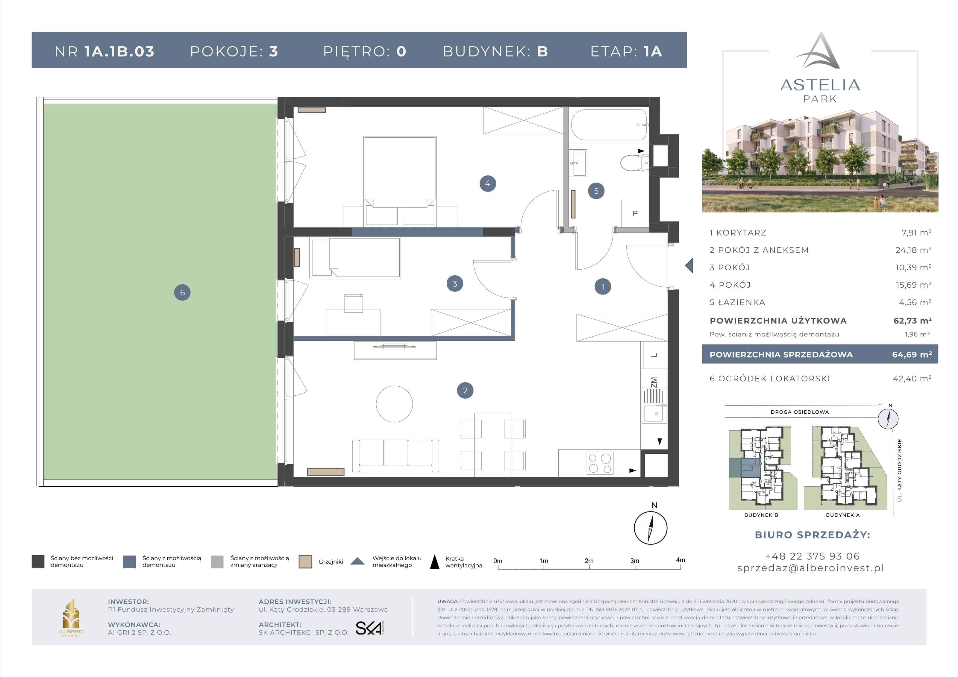 3 pokoje, mieszkanie 62,73 m², parter, oferta nr 1A1B03, Astelia Park etap IA, III, Warszawa, Białołęka, Grodzisk, ul. Leona Berensona