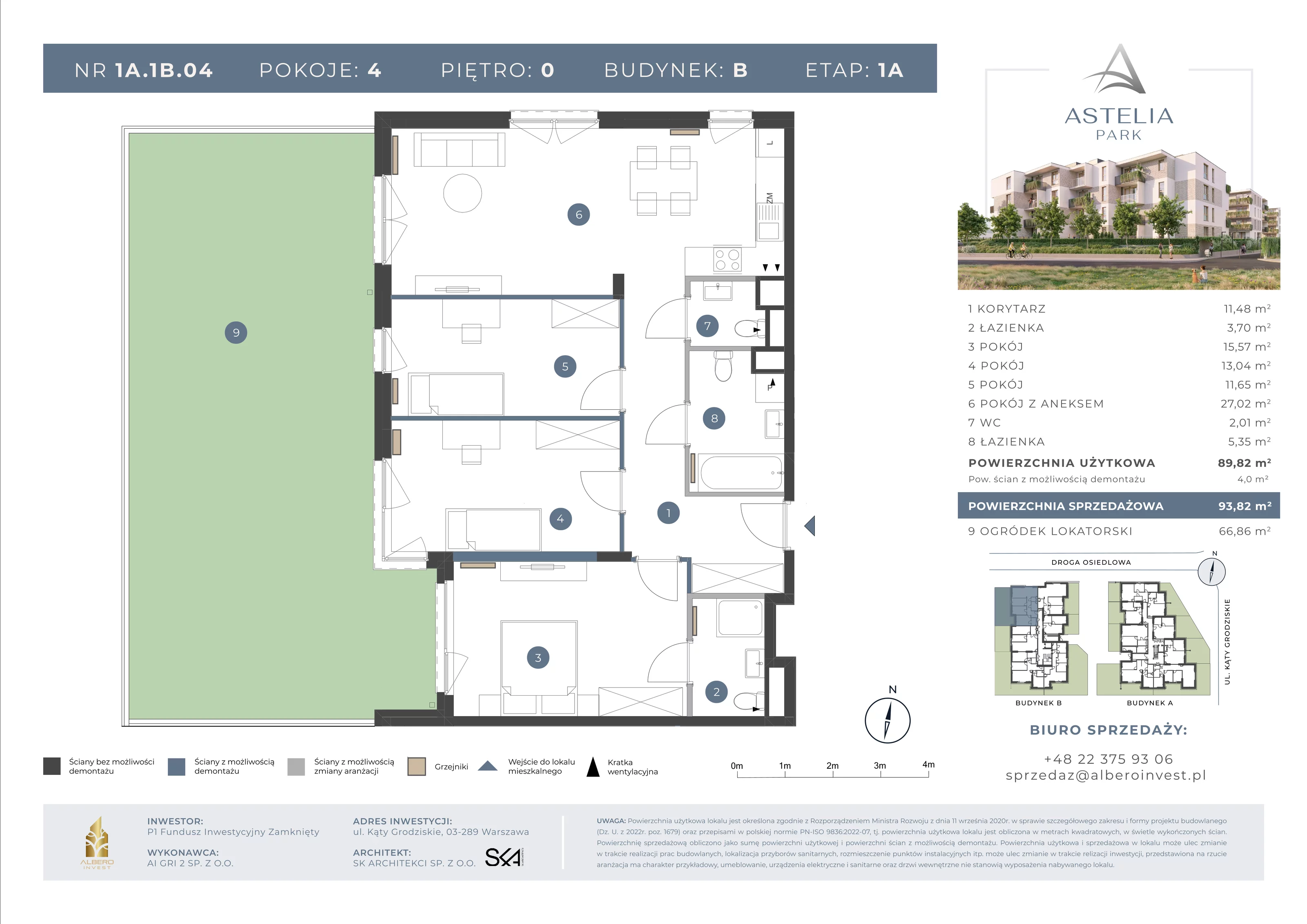 4 pokoje, mieszkanie 89,82 m², parter, oferta nr 1A1B04, Astelia Park etap IA, Warszawa, Białołęka, Grodzisk, ul. Leona Berensona