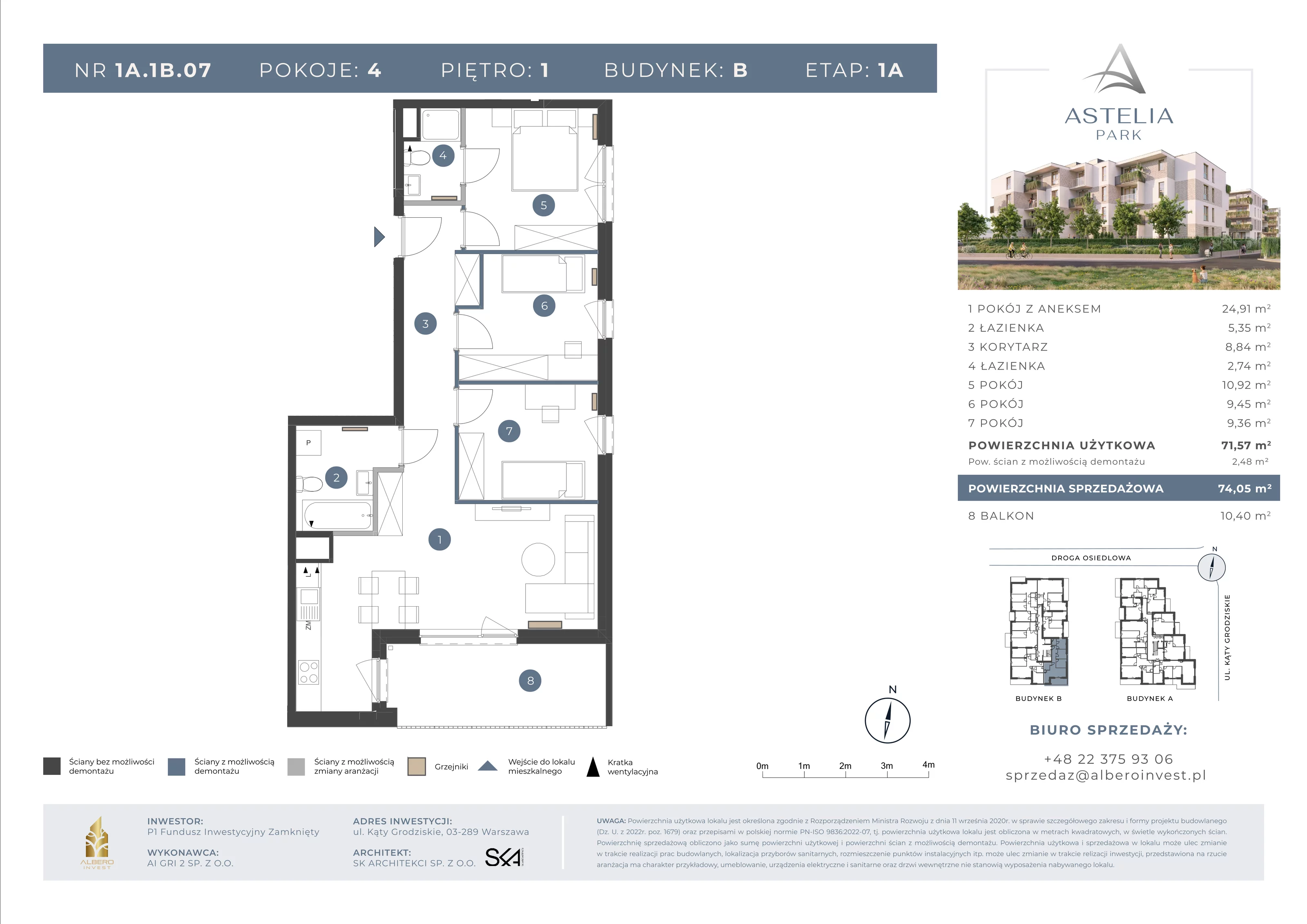 4 pokoje, mieszkanie 71,57 m², piętro 1, oferta nr 1A1B07, Astelia Park etap IA, III, Warszawa, Białołęka, Grodzisk, ul. Leona Berensona 