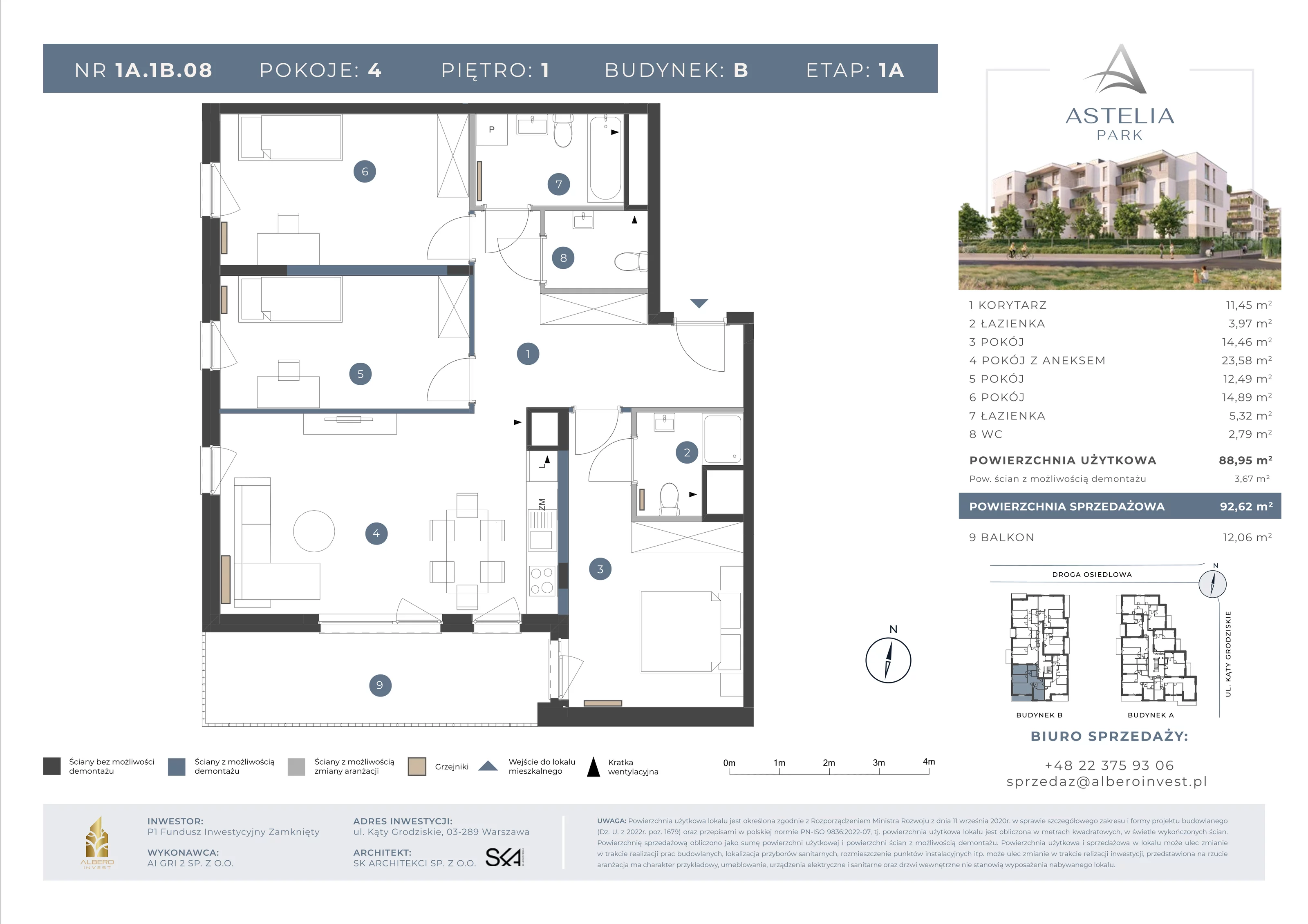 4 pokoje, mieszkanie 88,95 m², piętro 1, oferta nr 1A1B08, Astelia Park etap IA, Warszawa, Białołęka, Grodzisk, ul. Leona Berensona 