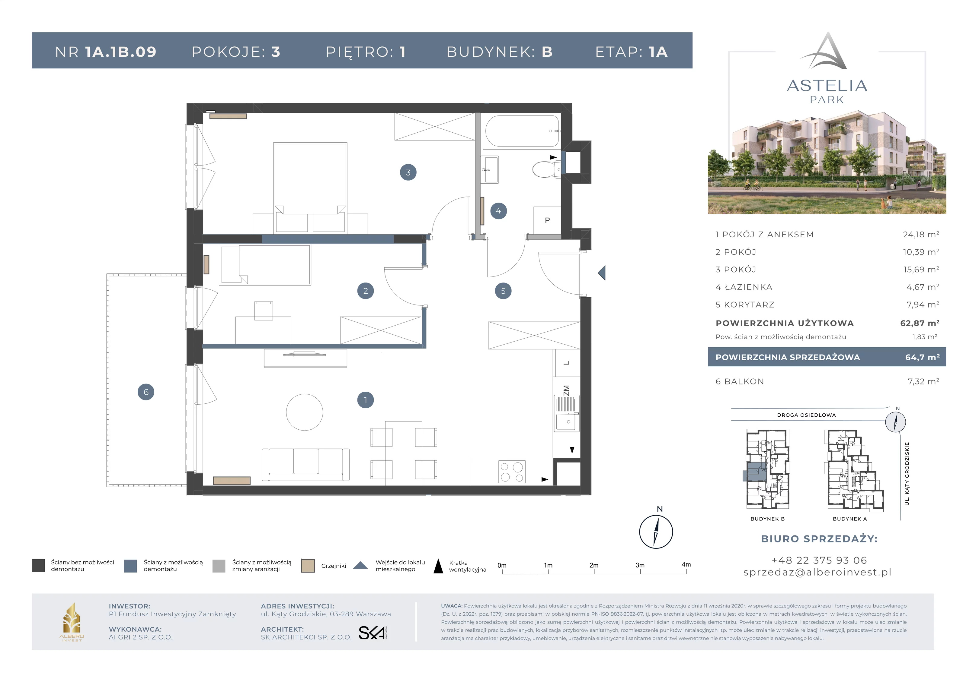 3 pokoje, mieszkanie 62,87 m², piętro 1, oferta nr 1A1B09, Astelia Park etap IA, Warszawa, Białołęka, Grodzisk, ul. Leona Berensona 
