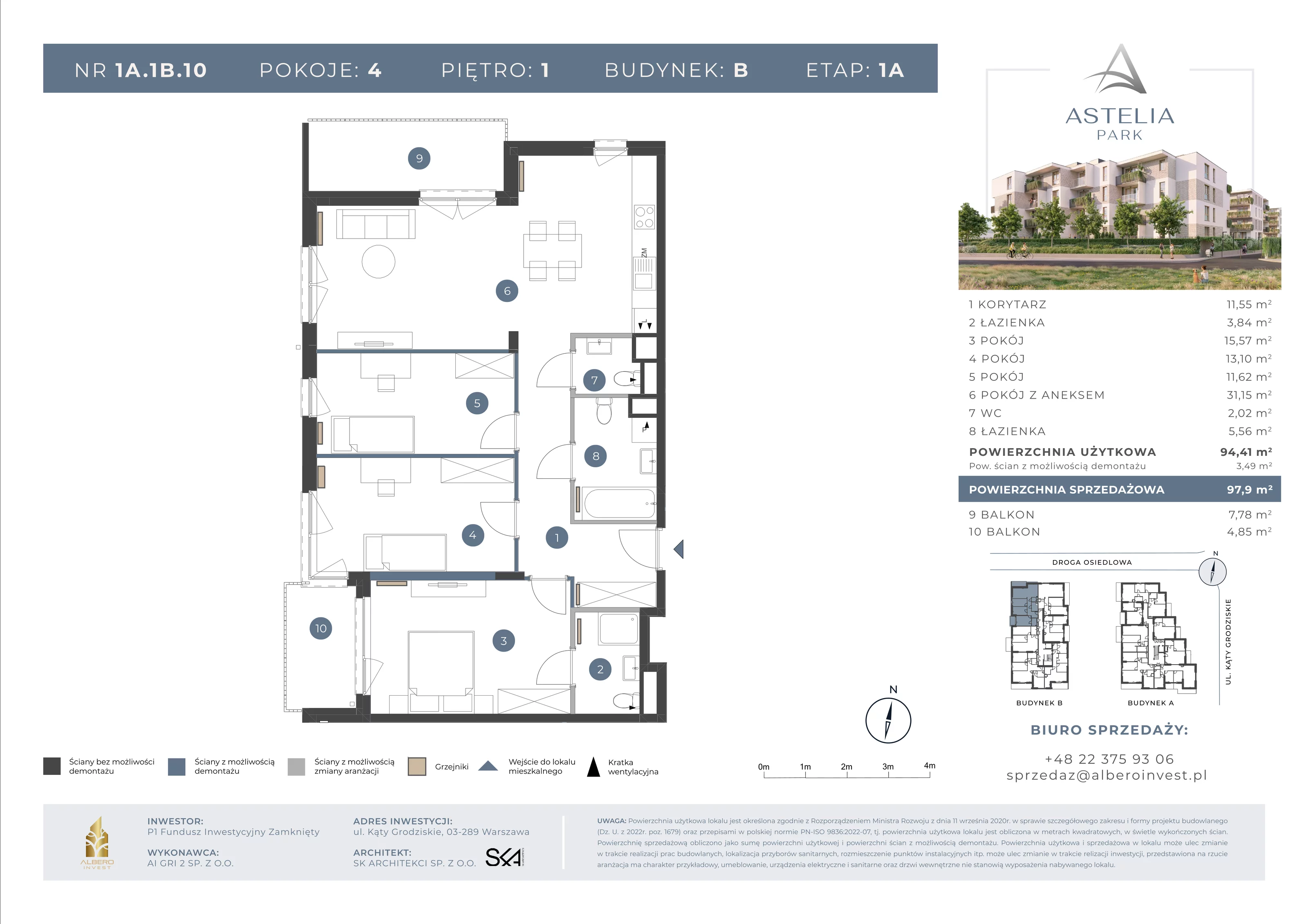 4 pokoje, mieszkanie 94,41 m², piętro 1, oferta nr 1A1B10, Astelia Park etap IA, Warszawa, Białołęka, Grodzisk, ul. Leona Berensona 