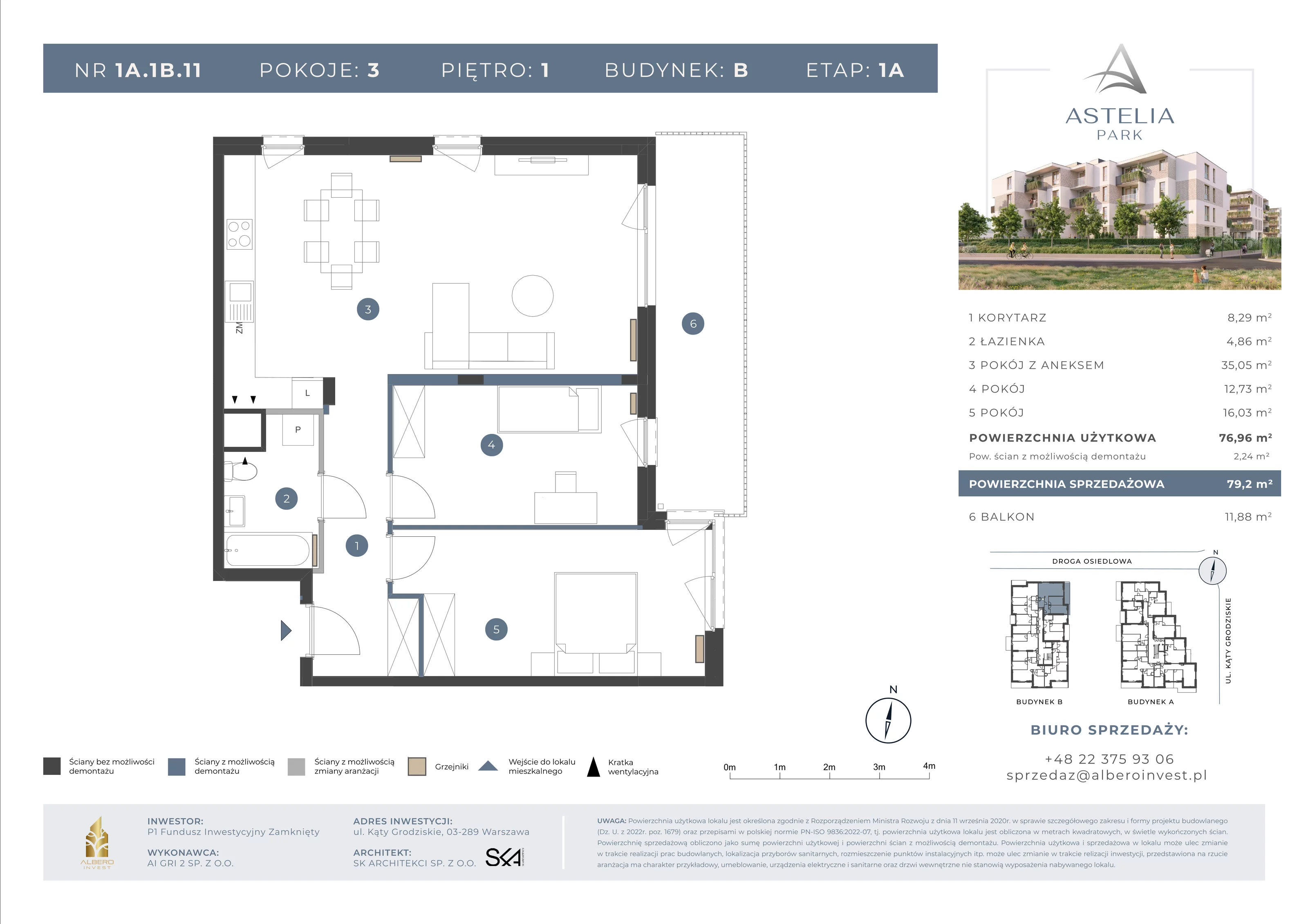 3 pokoje, mieszkanie 76,96 m², piętro 1, oferta nr 1A1B11, Astelia Park etap IA, III, Warszawa, Białołęka, Grodzisk, ul. Leona Berensona 