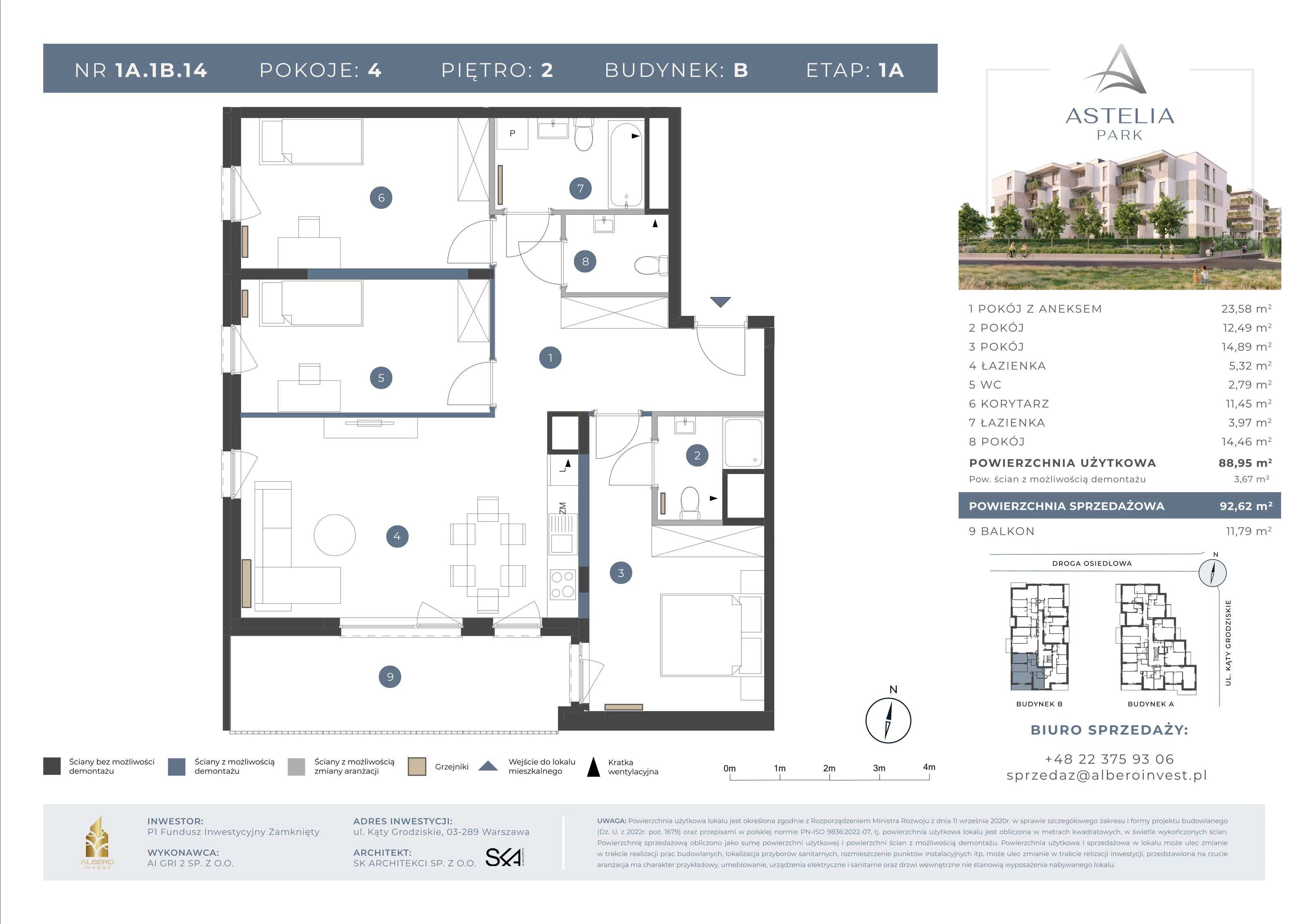 4 pokoje, mieszkanie 88,95 m², piętro 2, oferta nr 1A1B14, Astelia Park etap IA, Warszawa, Białołęka, Grodzisk, ul. Leona Berensona