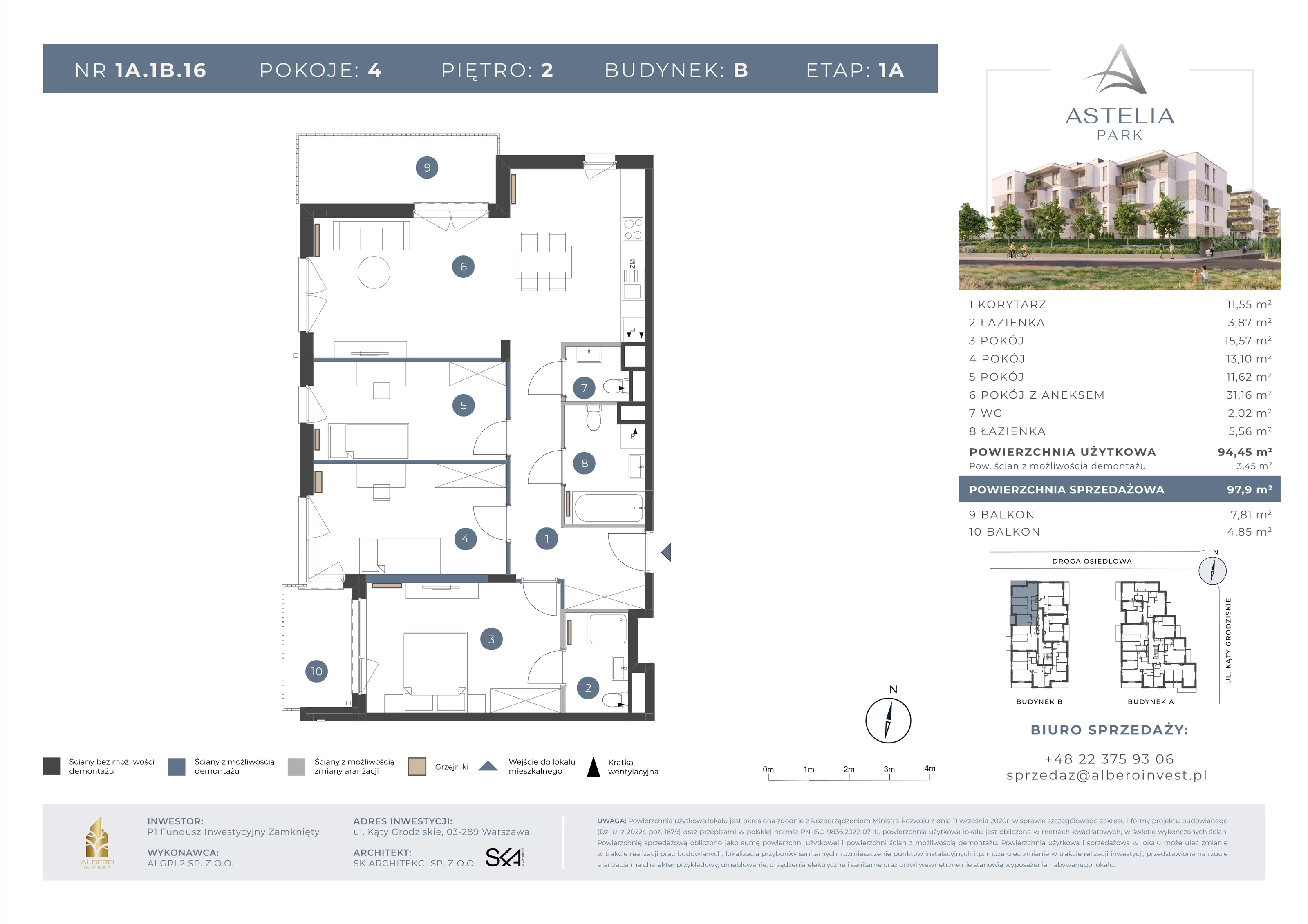 4 pokoje, mieszkanie 94,45 m², piętro 2, oferta nr 1A1B16, Astelia Park etap IA, Warszawa, Białołęka, Grodzisk, ul. Leona Berensona 