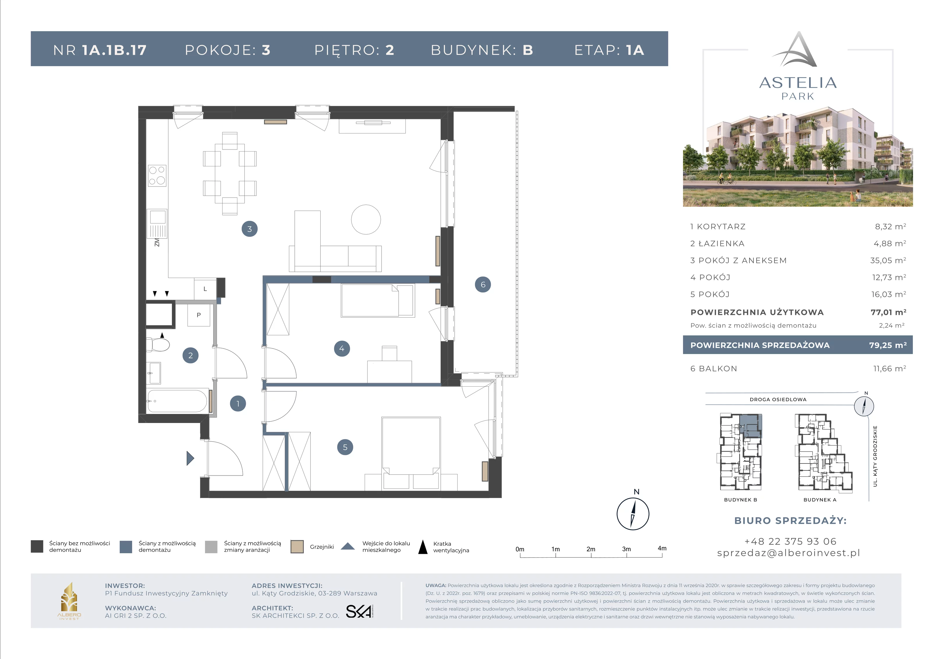 3 pokoje, mieszkanie 77,01 m², piętro 2, oferta nr 1A1B17, Astelia Park etap IA, Warszawa, Białołęka, Grodzisk, ul. Leona Berensona 