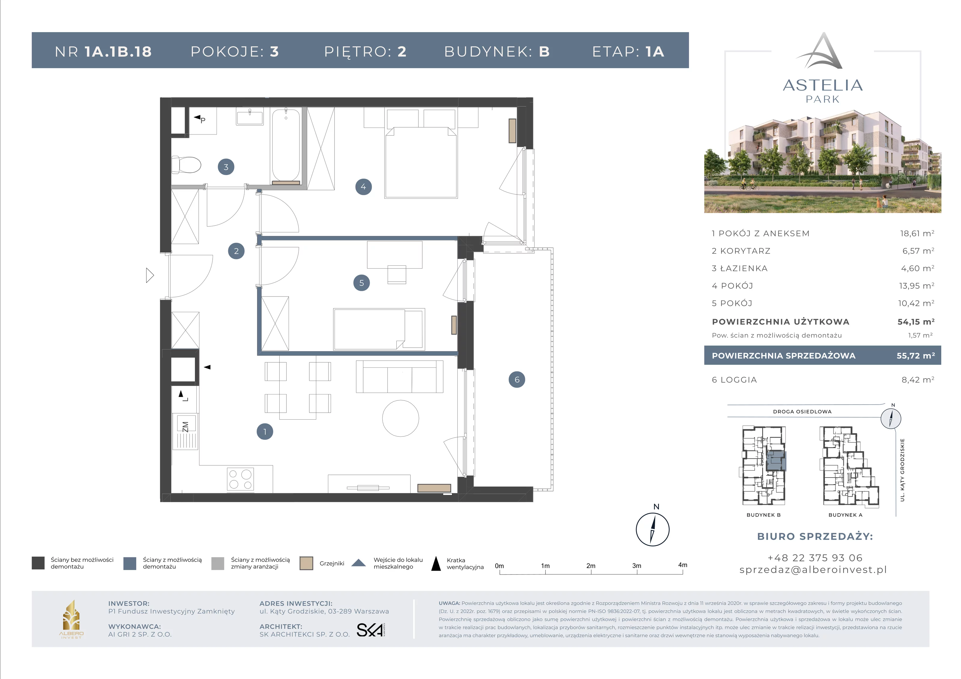 3 pokoje, mieszkanie 54,15 m², piętro 2, oferta nr 1A1B18, Astelia Park etap IA, III, Warszawa, Białołęka, Grodzisk, ul. Leona Berensona 
