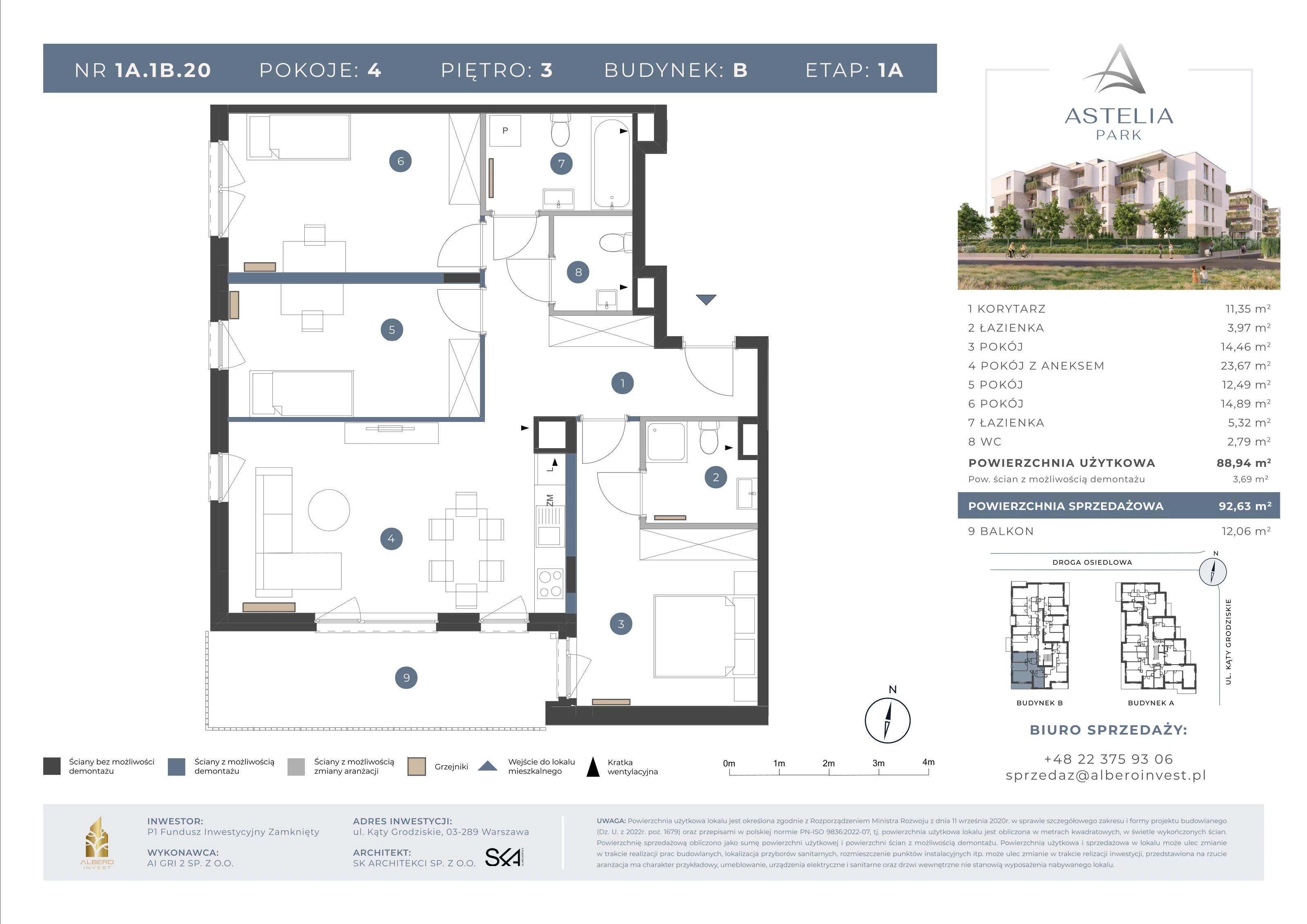 4 pokoje, mieszkanie 88,94 m², piętro 3, oferta nr 1A1B20, Astelia Park etap IA, Warszawa, Białołęka, Grodzisk, ul. Leona Berensona 