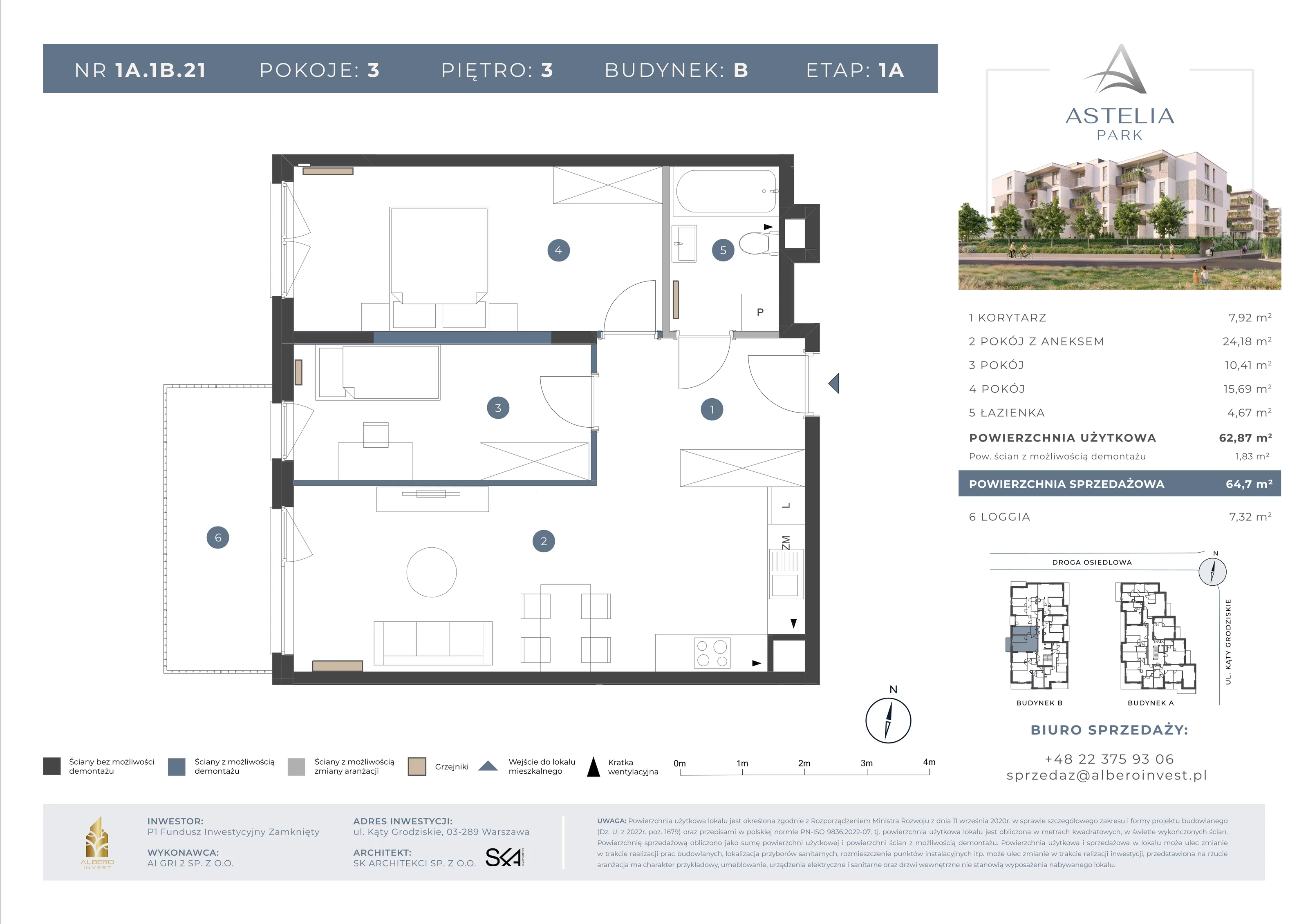 3 pokoje, mieszkanie 62,87 m², piętro 3, oferta nr 1A1B21, Astelia Park etap IA, III, Warszawa, Białołęka, Grodzisk, ul. Leona Berensona