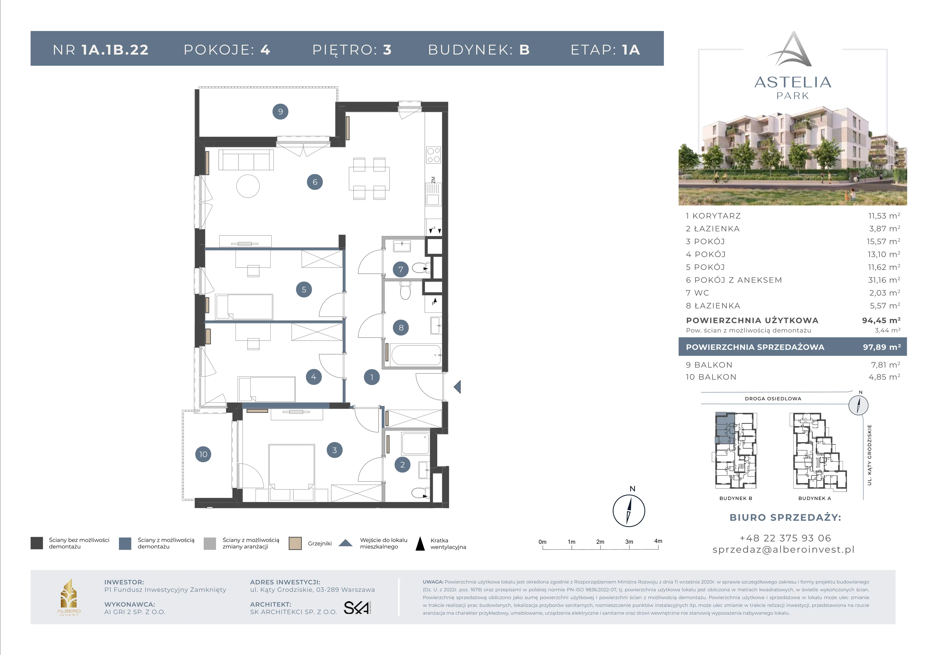 4 pokoje, mieszkanie 94,45 m², piętro 3, oferta nr 1A1B22, Astelia Park etap IA, Warszawa, Białołęka, Grodzisk, ul. Leona Berensona