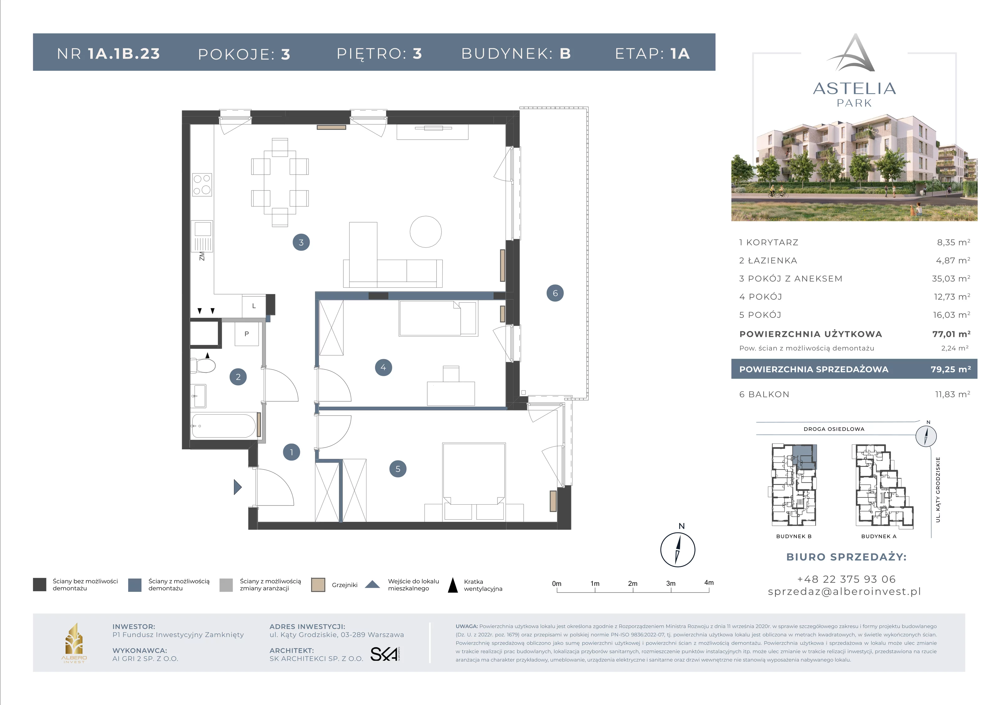3 pokoje, mieszkanie 77,01 m², piętro 3, oferta nr 1A1B23, Astelia Park etap IA, Warszawa, Białołęka, Grodzisk, ul. Leona Berensona