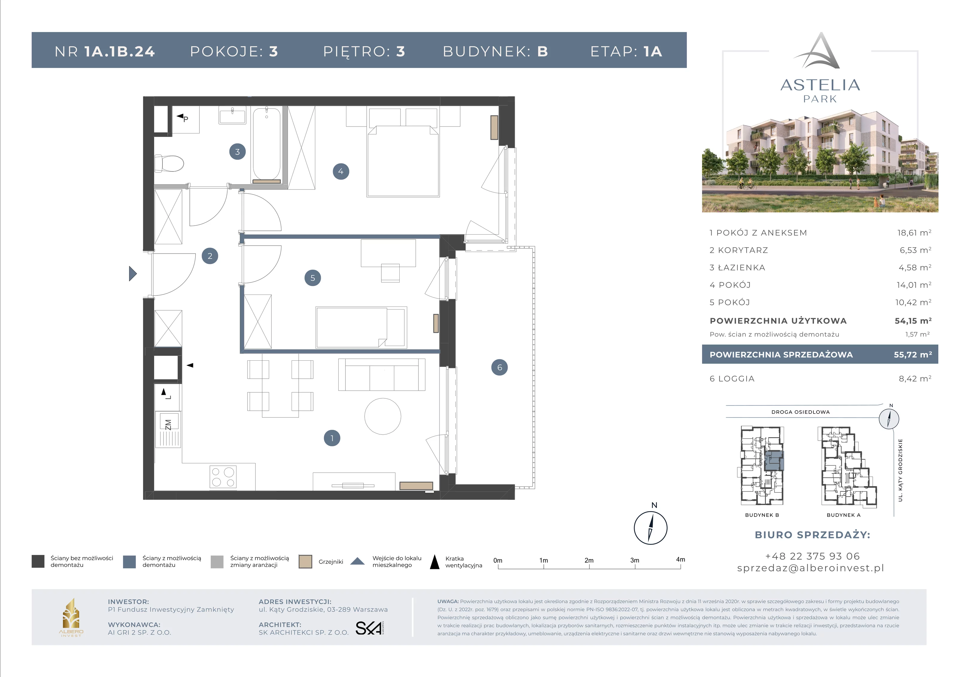 3 pokoje, mieszkanie 54,15 m², piętro 3, oferta nr 1A1B24, Astelia Park etap IA, III, Warszawa, Białołęka, Grodzisk, ul. Leona Berensona