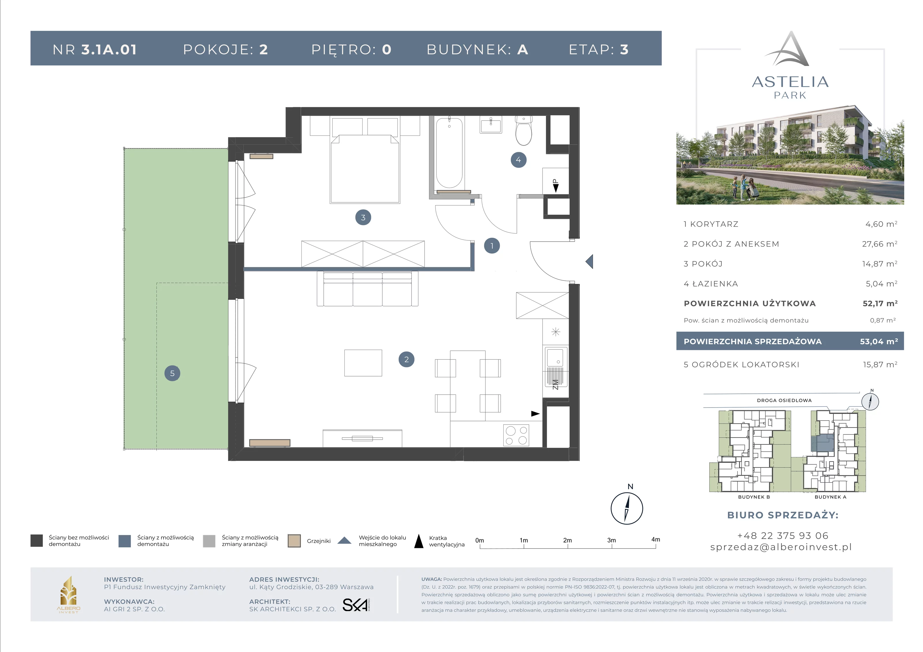 2 pokoje, mieszkanie 52,17 m², parter, oferta nr 31A01, Astelia Park etap IA, III, Warszawa, Białołęka, Grodzisk, ul. Leona Berensona