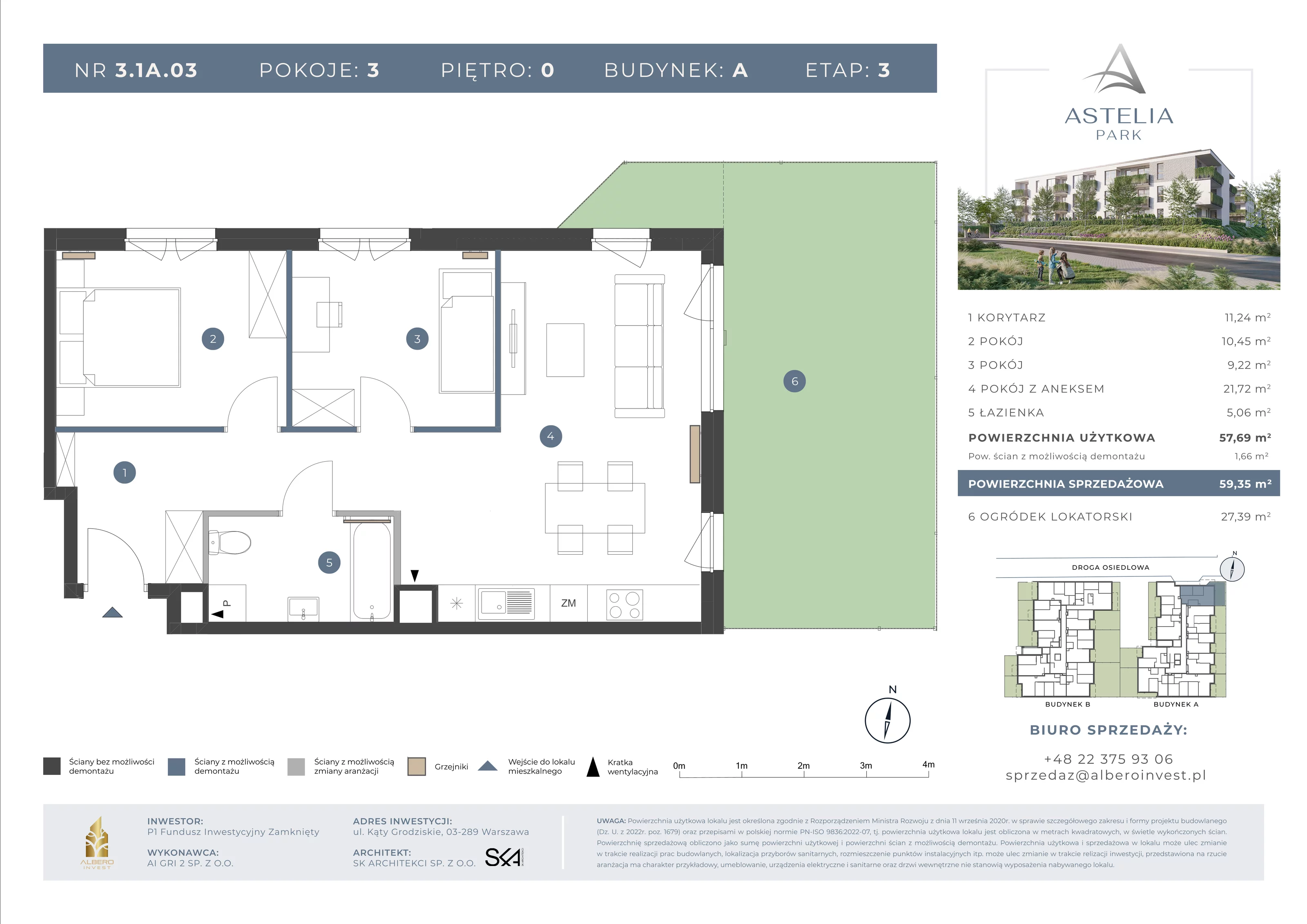 3 pokoje, mieszkanie 57,69 m², parter, oferta nr 31A03, Astelia Park etap IA, III, Warszawa, Białołęka, Grodzisk, ul. Leona Berensona