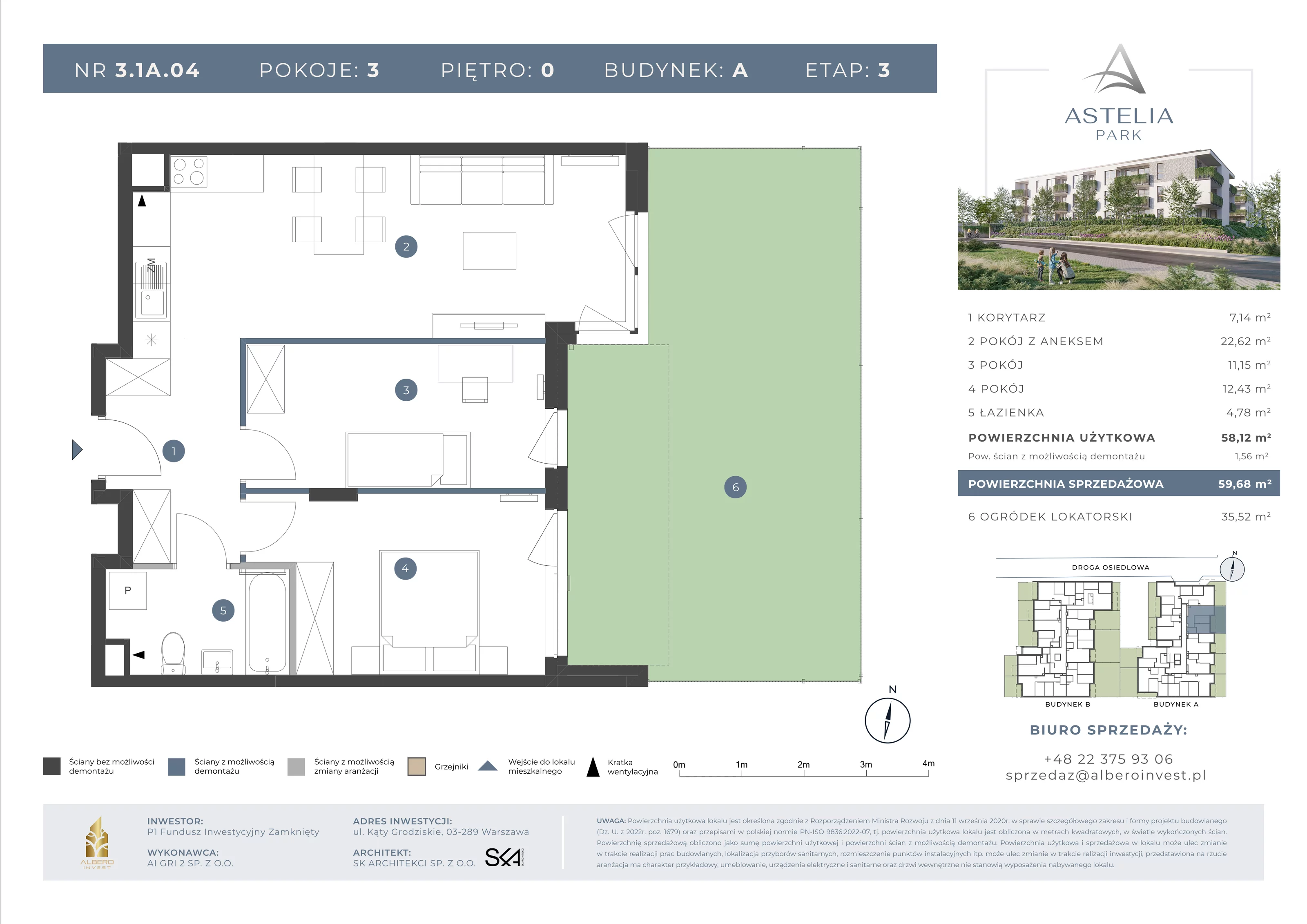 3 pokoje, mieszkanie 58,12 m², parter, oferta nr 31A04, Astelia Park etap IA, III, Warszawa, Białołęka, Grodzisk, ul. Leona Berensona