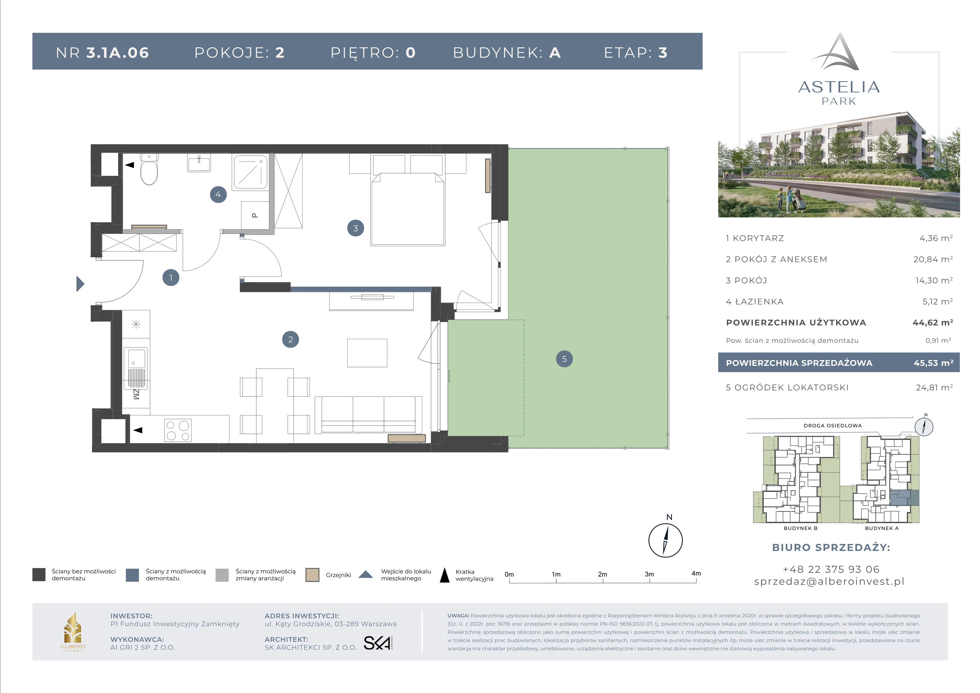 2 pokoje, mieszkanie 44,62 m², parter, oferta nr 31A06, Astelia Park etap IA, III, Warszawa, Białołęka, Grodzisk, ul. Leona Berensona