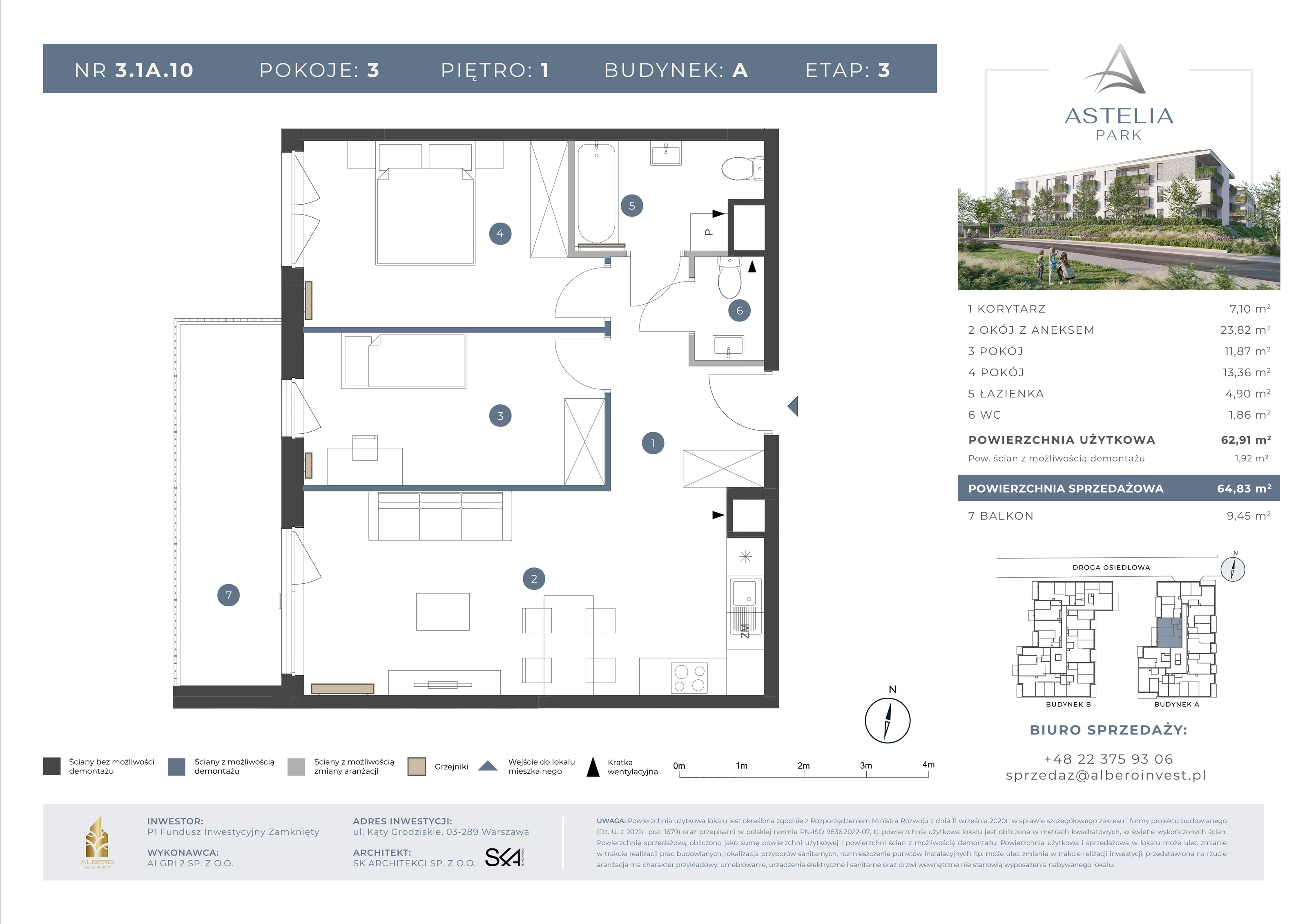 3 pokoje, mieszkanie 62,91 m², piętro 1, oferta nr 31A10, Astelia Park etap IA, III, Warszawa, Białołęka, Grodzisk, ul. Leona Berensona 