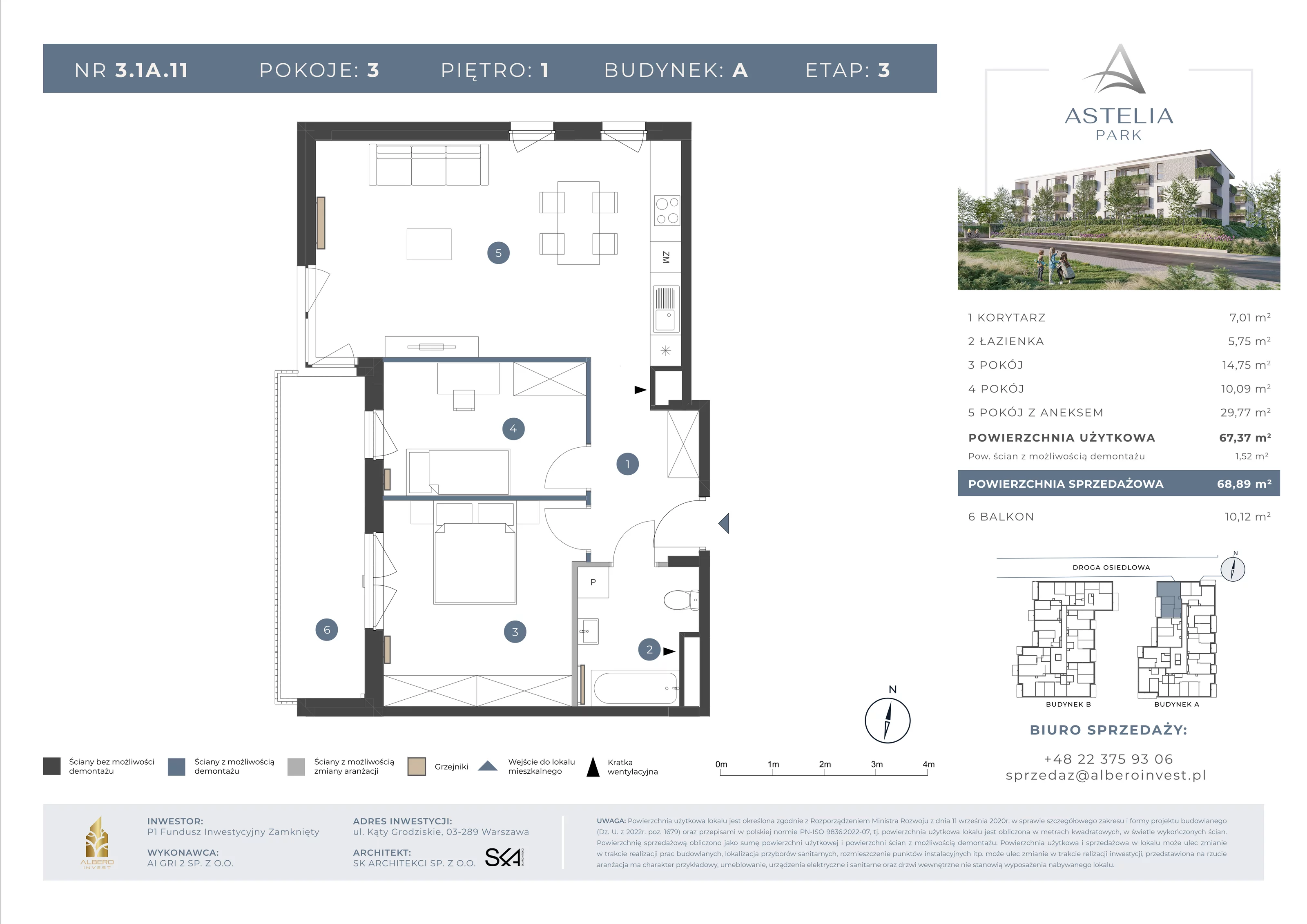 3 pokoje, mieszkanie 67,37 m², piętro 1, oferta nr 31A11, Astelia Park etap IA, III, Warszawa, Białołęka, Grodzisk, ul. Leona Berensona