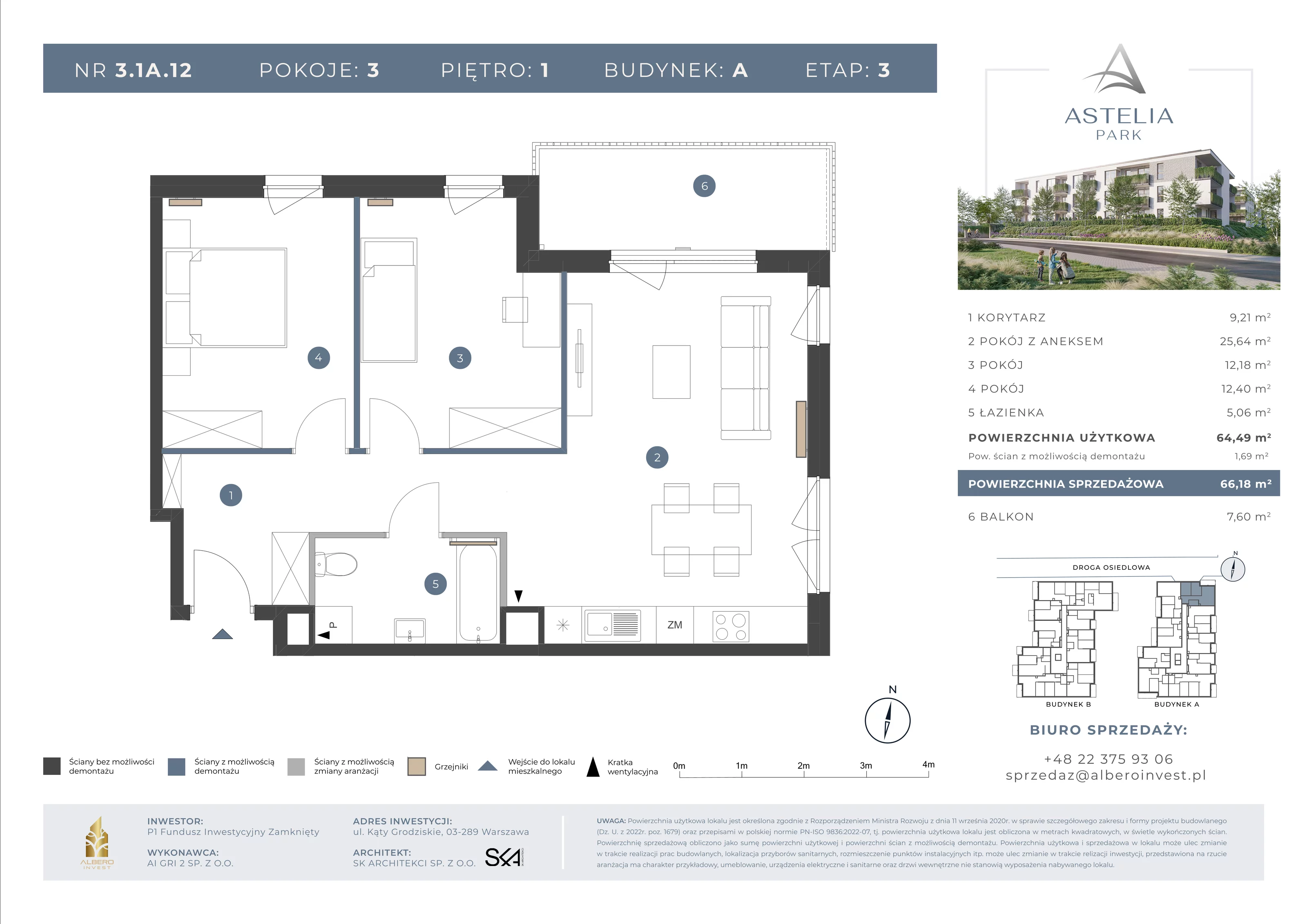 3 pokoje, mieszkanie 64,49 m², piętro 1, oferta nr 31A12, Astelia Park etap IA, III, Warszawa, Białołęka, Grodzisk, ul. Leona Berensona